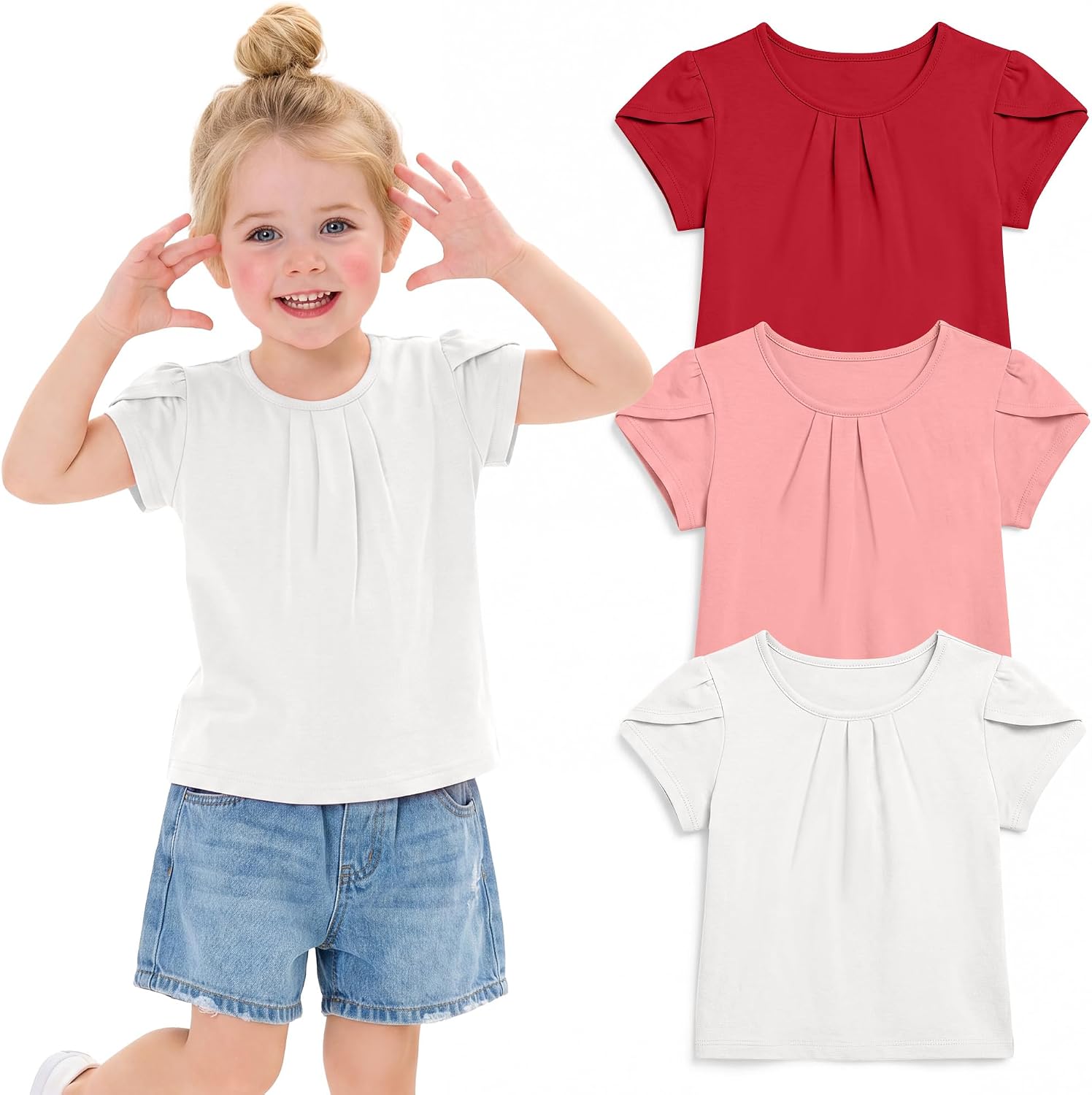 3 Pack Toddler Girl Shirts Baby Pleated Crew Neck T-Shirts Petal Short Sleeve Cute Basic Top Casual Summer Tee