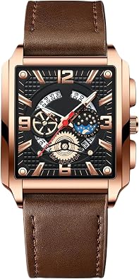RORIOS Mens Rectangular Watches Fashion Analogue Quartz Wrist Watch Business Waterproof Wristwatch Luminous Leather Strap Watch for Men Black Brown