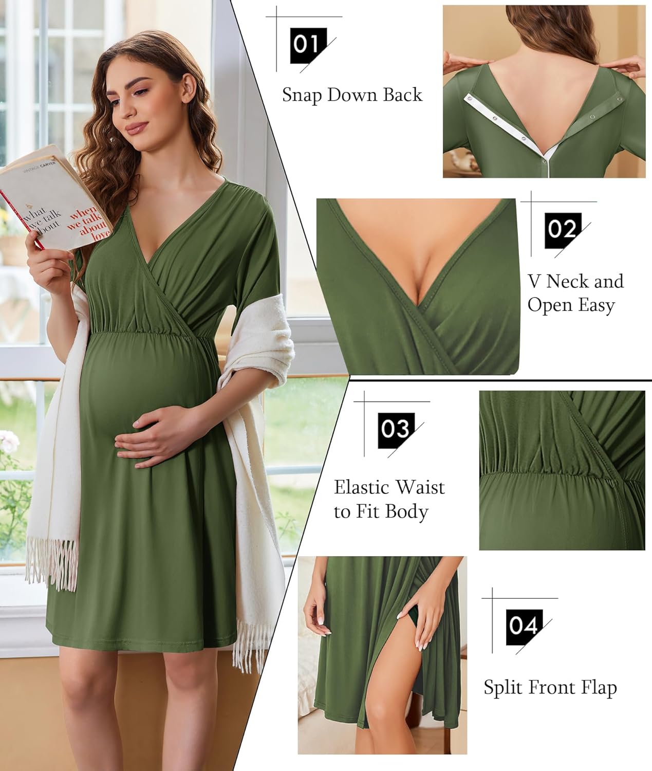 Ekouaer Labor and Delivery Gown for Hospital Short Sleeve Maternity Nursing Dress Nightgown with Button S-XXL - Image 2