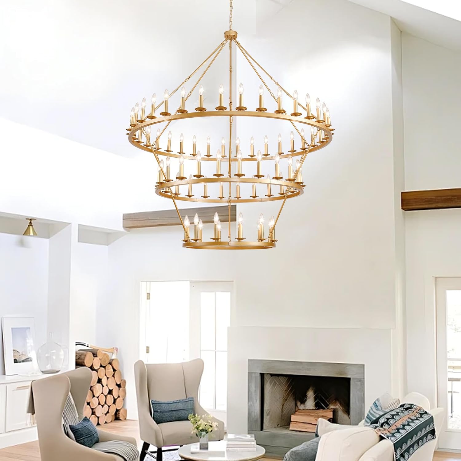3 Tier Gold Wagon Wheel Chandelier,Extra Large 60-Inch 72-Light Circle Light Fixture,Round Chandeliers for Foyer Entryway Dining Room Living Room High Ceilings