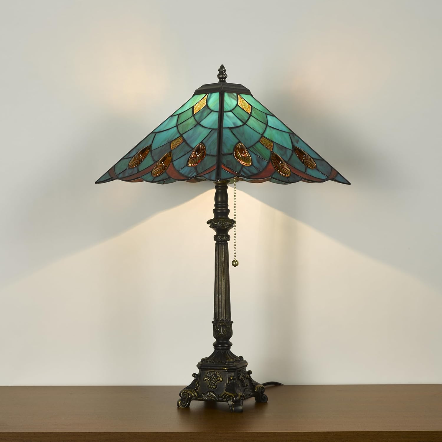 Tiffany Table Lamps Sky Blue Stained Glass Crystal Style Mission Desk Lamp 12X12X24 Inch Bronze Resin Base