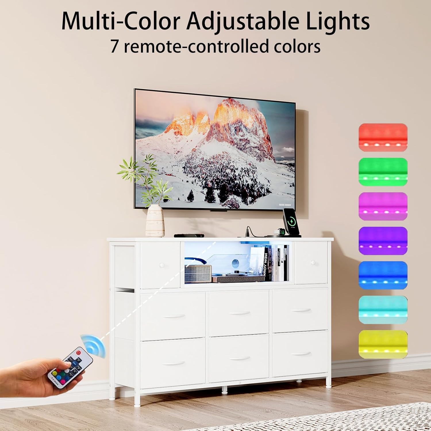 Flrrtenv dresser with multi-color adjustable LED lights and a remote control.