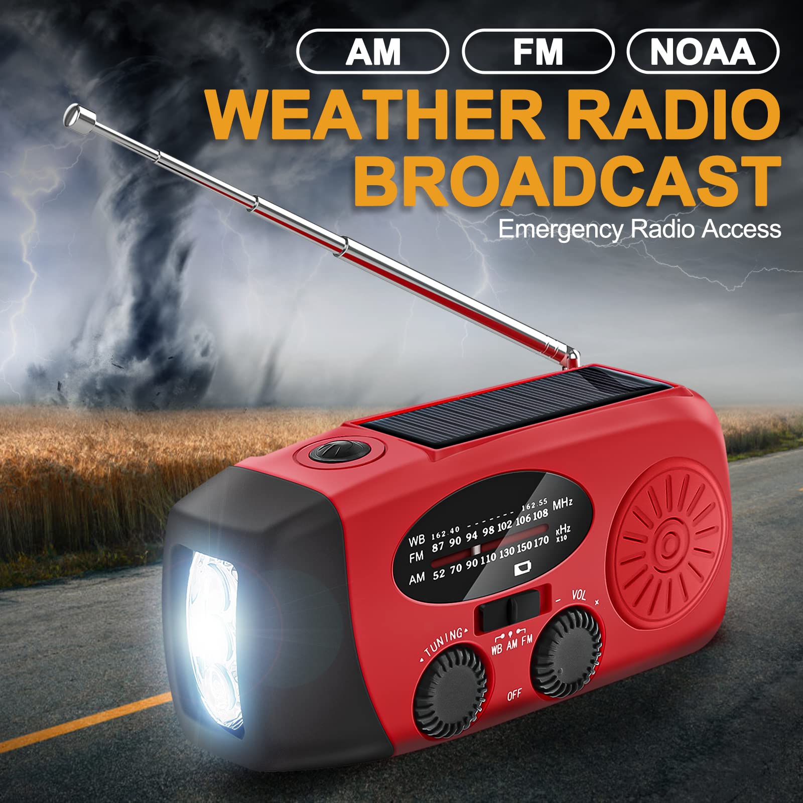 DOLUCKY Draagbare noodradio, Zonne-energie Draagbare Radio - AM/FM Radio 2000mAh Powerbank, Dynamo,LED Zaklamp, USB-Telefoonoplader, SOS Alarm, Kompas - Voor Camping, Orkanen Overleving rood