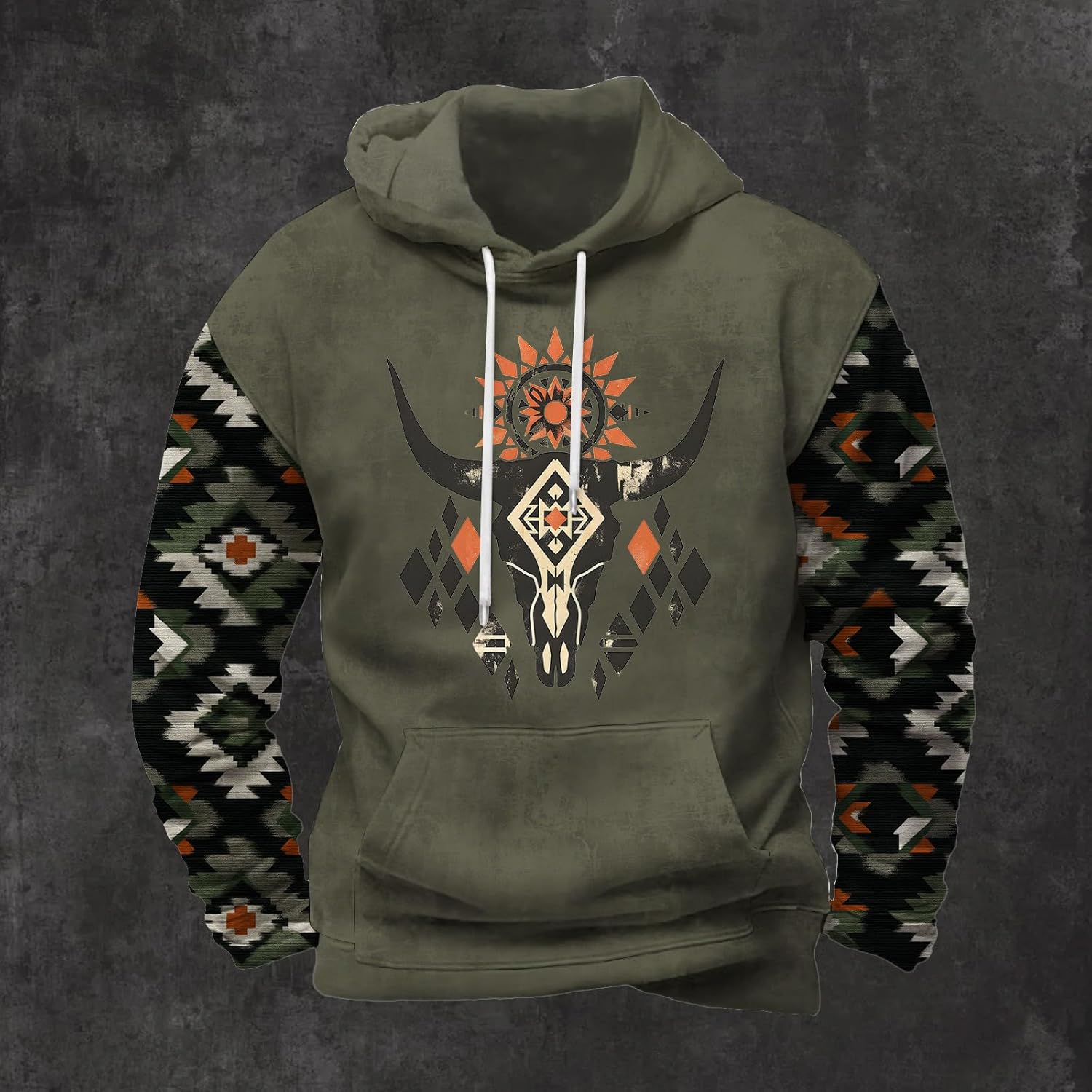 Classic Drawstring Hoodie for Men Classic Hooded Neck Long Floral Printed Sleeve Street Style Fall Sweatshirt with Kangaroo Pocket for Everydaywear - Image 2