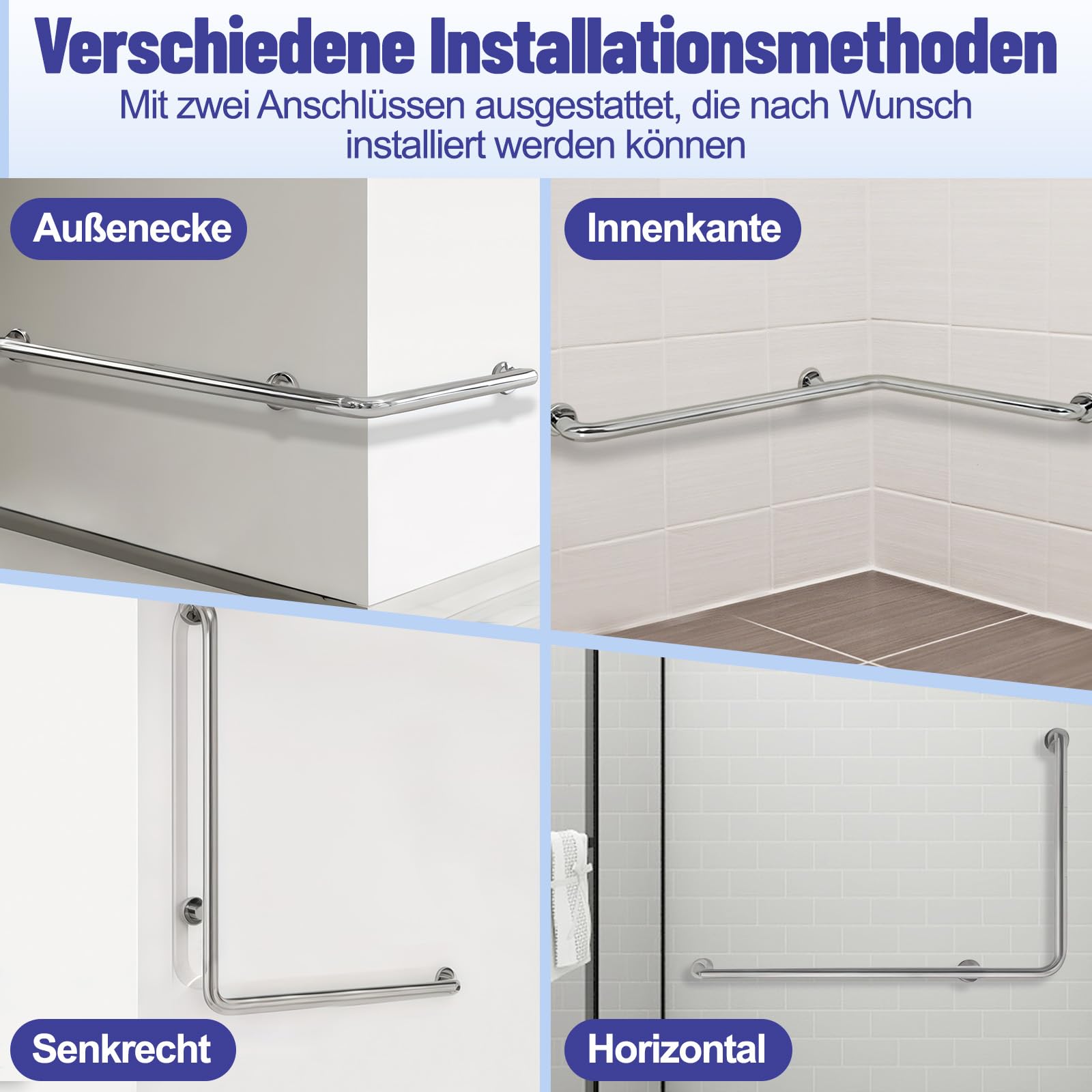 Tirador de ducha para personas mayores, 70 x 50 cm, mango de seguridad para baño, en ángulo vertical, en forma de L, para embarazadas, personas mayores, personas (pulido, derecha)