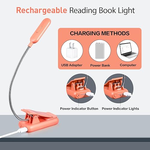 Miniatura 10 de VAVOFO Luz de lectura recargable con clip, 7 LED con 3 temperaturas de color, 9 niveles de brillo, luces de libro para leer en la cama con indicador