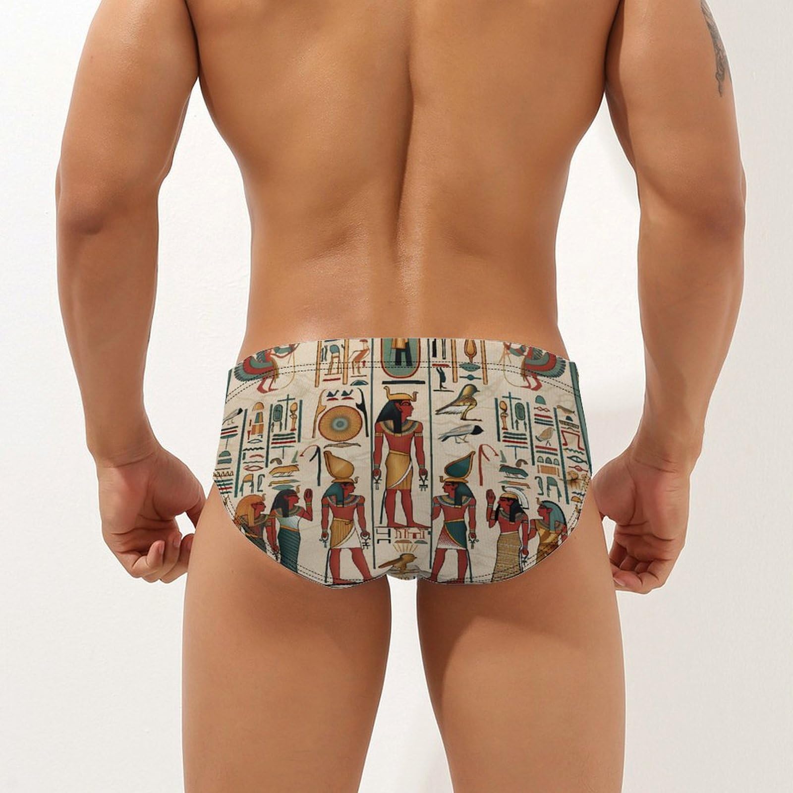 Vintage Ancient Egyptian Pharaoh Statue Mens Swim Briefs Bikini Swimwear Print Beach Shorts Sexy Swimsuit L