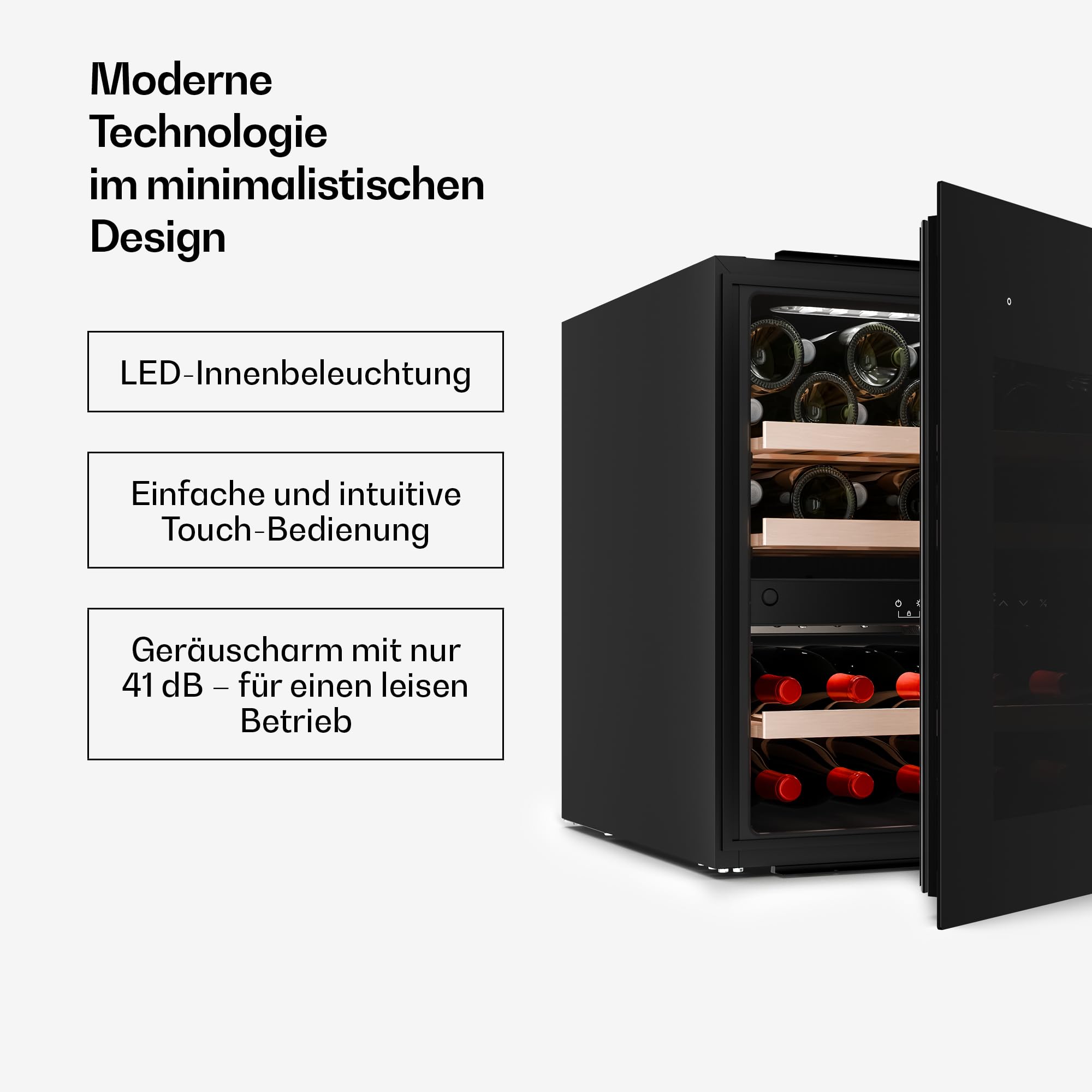 Klarstein Velaire Weinkühlschrank 2 Zonen - 36 Flaschen, Einbau, 5-22°C, Touch, LED, UV-Schutz, Holzregale, 41 dB, Weinklimaschrank 2 Zonen