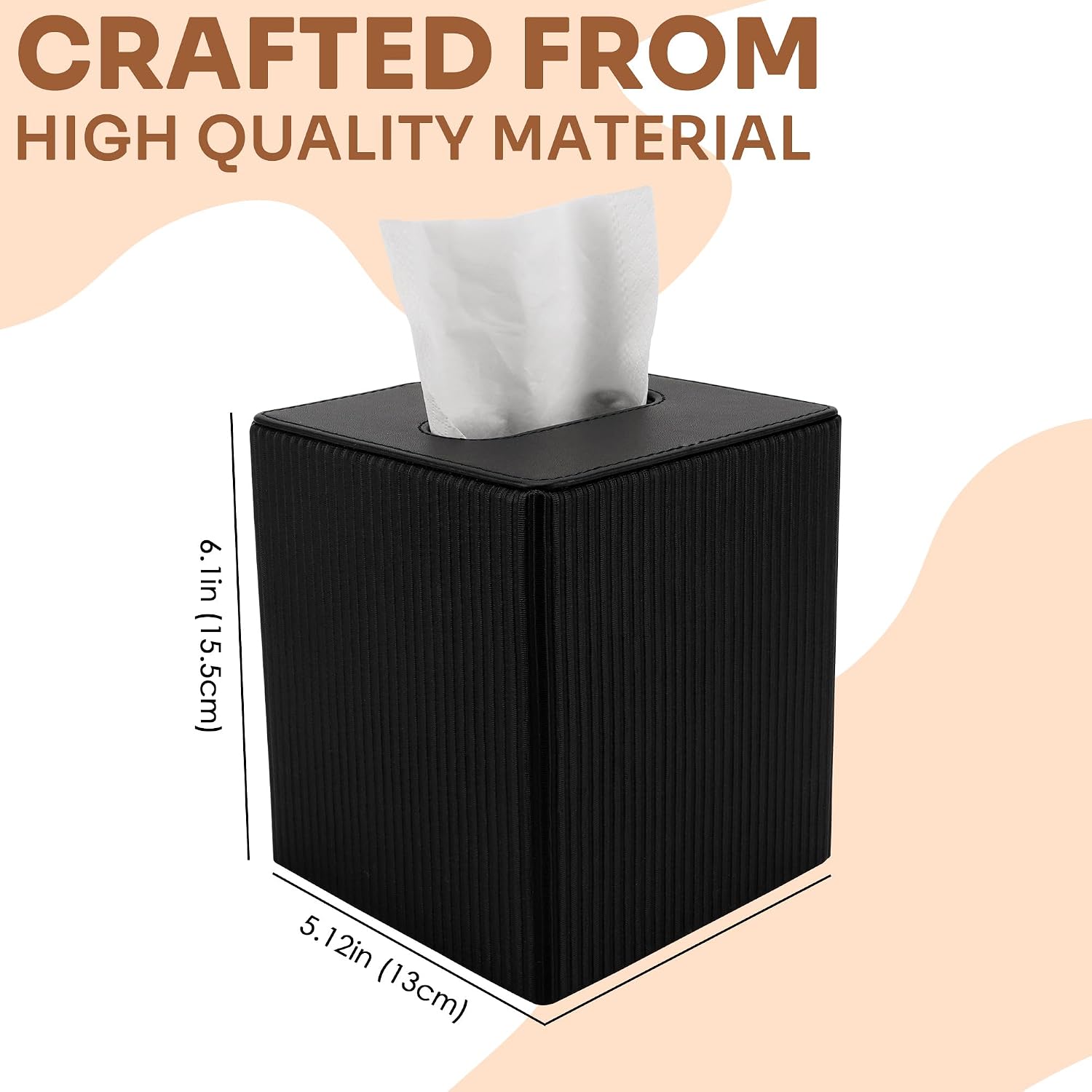 Vertical Stripe Tissue Box Cover Cube – Ribbed PU Leather Square Holder, Magnetic Bottom Napkin Dispenser for Modern Office, Car, Desk (Black)