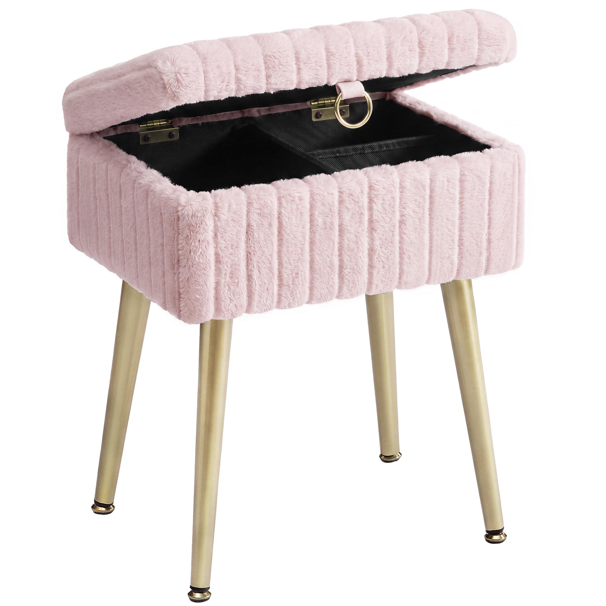 SONGMICS Rectanglular Vanity Stool Chair with Storage, Dressing Table Stool, Footrest Footstool Ottoman, Metal Legs, Adjustable Feet, for Living Room, Bedroom, Makeup Room, Jelly Pink LOM505SZ03