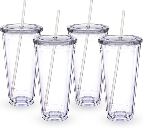 Zukro Vaso de acrílico con popote y tapa 32 onzas vaso de plástico transparente de doble pared con tapa con pajilla taza de café helado reutilizable