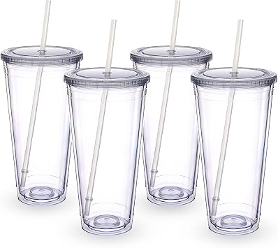 Zukro Clear Tumbler with Lid and Straw 32 oz, Wide Mouth Double Walled Insulated Reusable Acrylic Plastic Iced Coffee To Go Cup for Loaded Tea, Water, Lemonade, Fit in Cupholder, BPA Free, 4 Pack