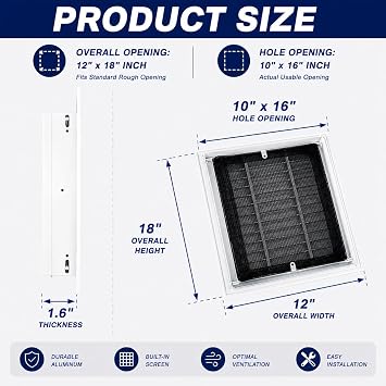 12*18 Gable Vent,Aluminum Alloy Wall Vent Shed Vents,with Removable Strainer and 180 Degree Opening Angle.Ideal for Attic,Shed,Garage,Play House,Coop.[Inside Dimensions:10w X 16h]-White 2 Pack