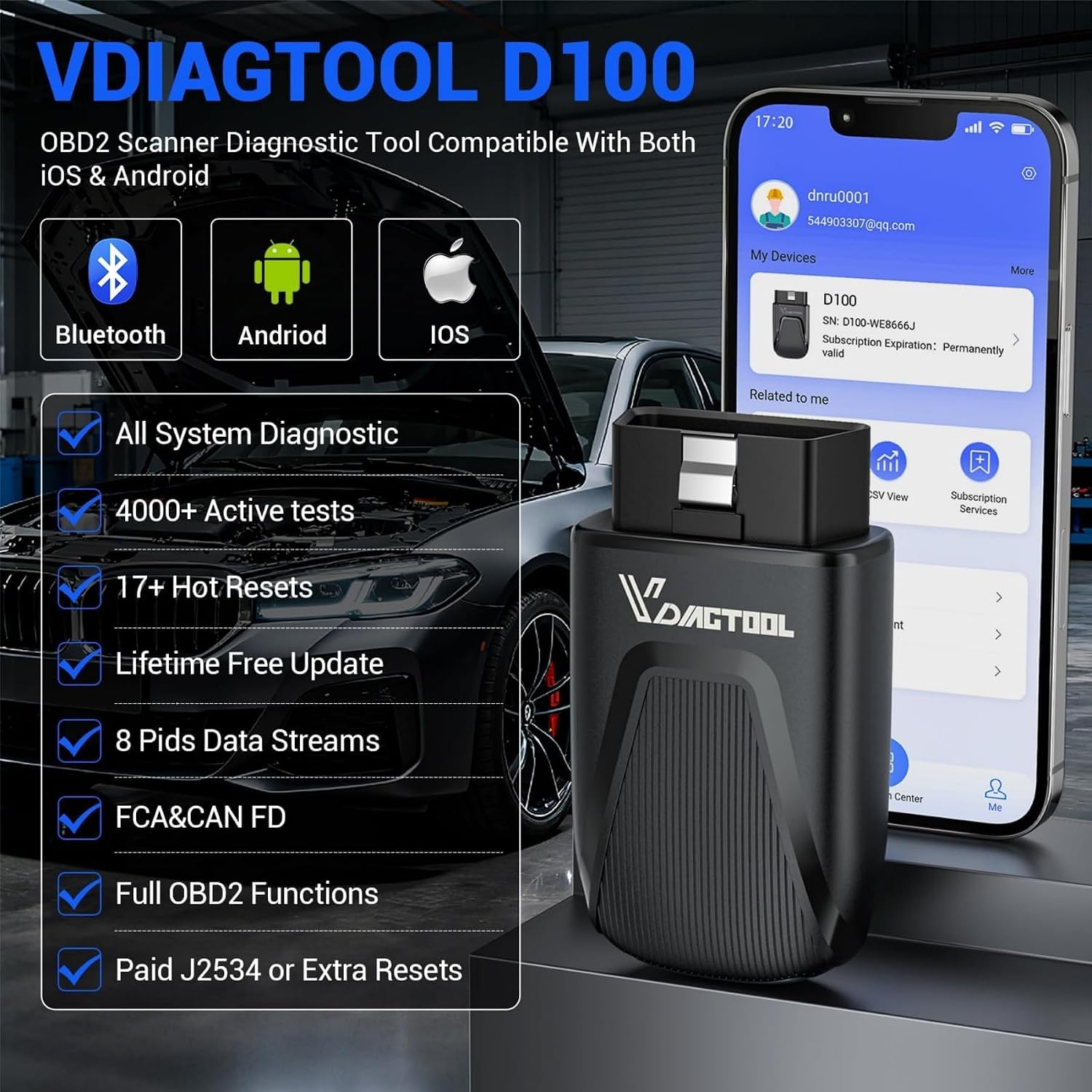 Diagnosegerät Auto Bluetooth VDIAGTOOL D100, Vollsystem Bidirektionales OBD2 Diagnosegerät mit 17+ Reset, Lebenslange Updates Auslesegerät Auto für Android & iOS, FCA & CAN-FD Fahrzeug Kfz OBD Scanner
