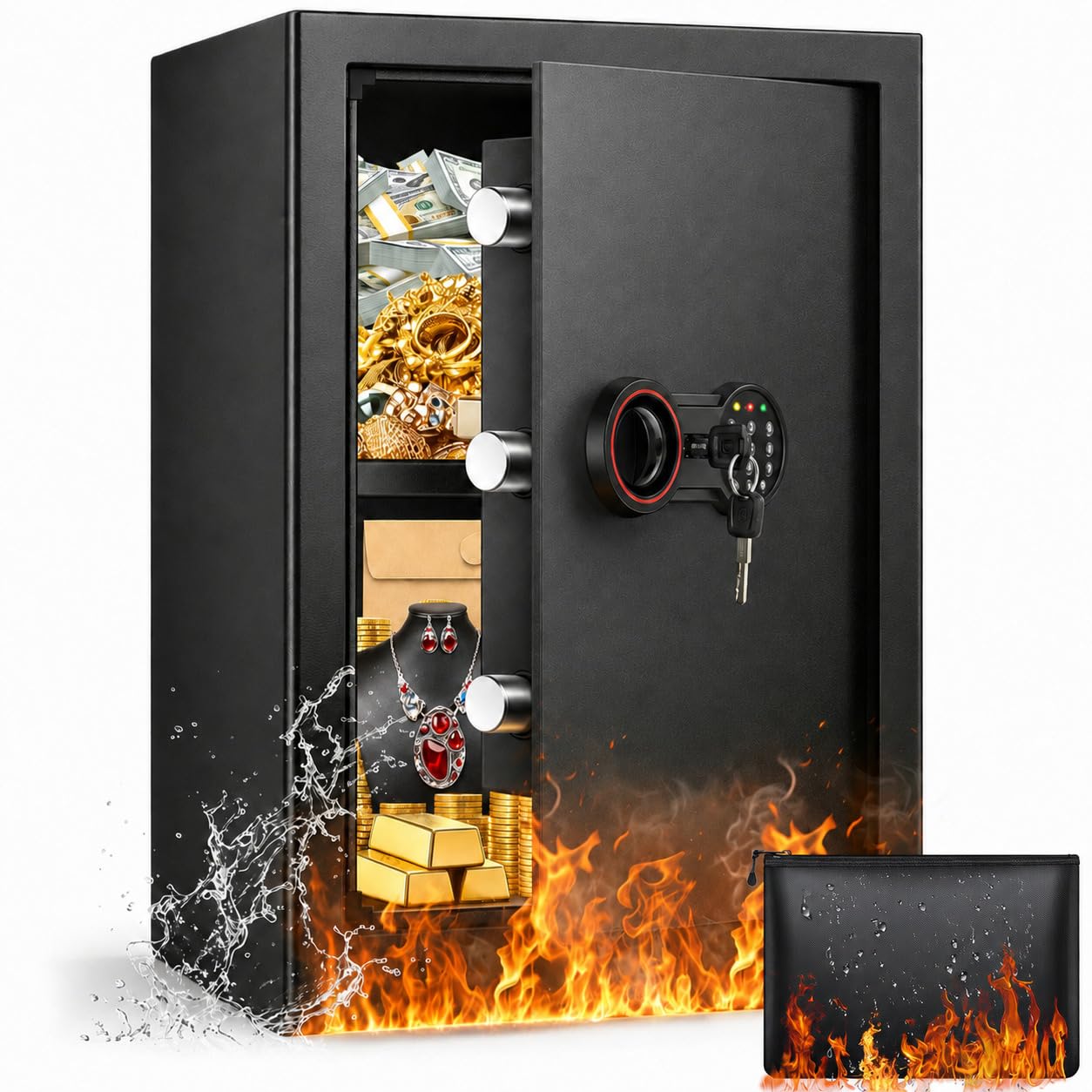 70L Großer Safe Tresor, Digitale Tresore mit Schlüssel, Alarmsystem und Abnehmbares Regal, Möbeltresor für Zuhause, Geld, Dokument and Wertgegenstände