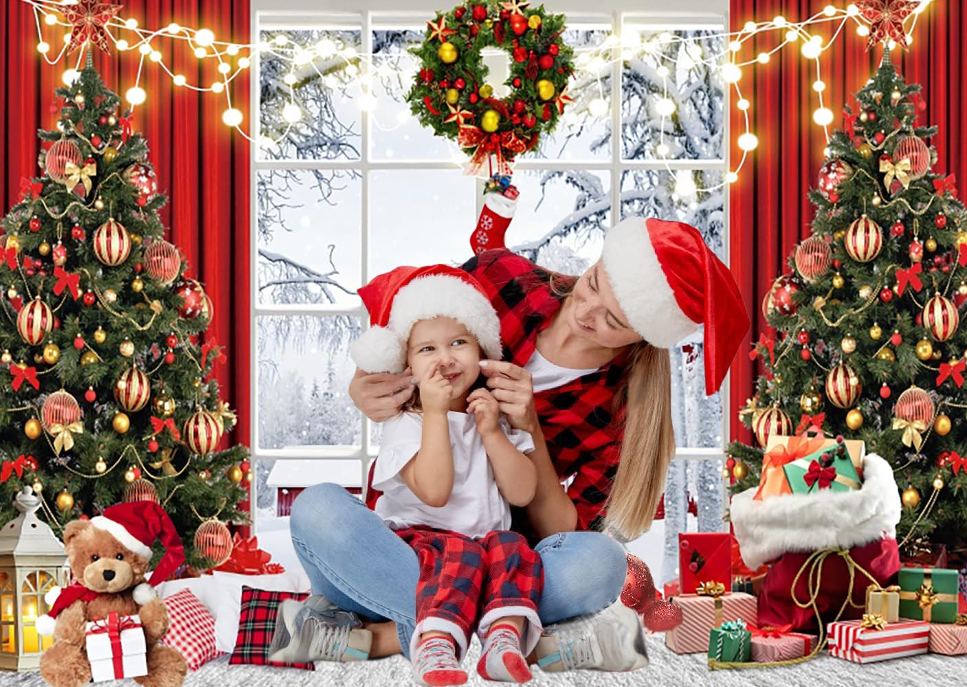 3x2.4m Telón de Fondo Navidad Foto Invierno Ventana árbol de Navidad Regalos Nieve Escena fotografía Fondo Familia niños Retrato sesión de Fotos Vacaciones año Nuevo Fiesta Bandera Decoraciones