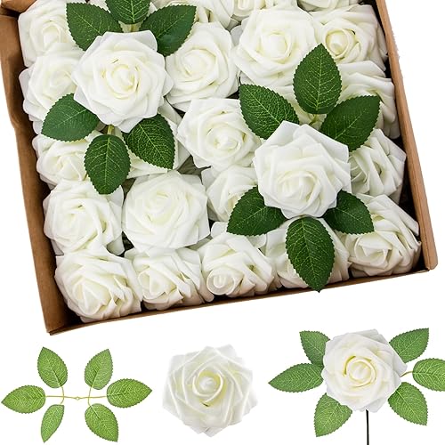 Cliselda 50 rosas artificiales rosas artificiales color rosa rubor con tallos, rosas de espuma de aspecto real a granel para decoración, ramos de