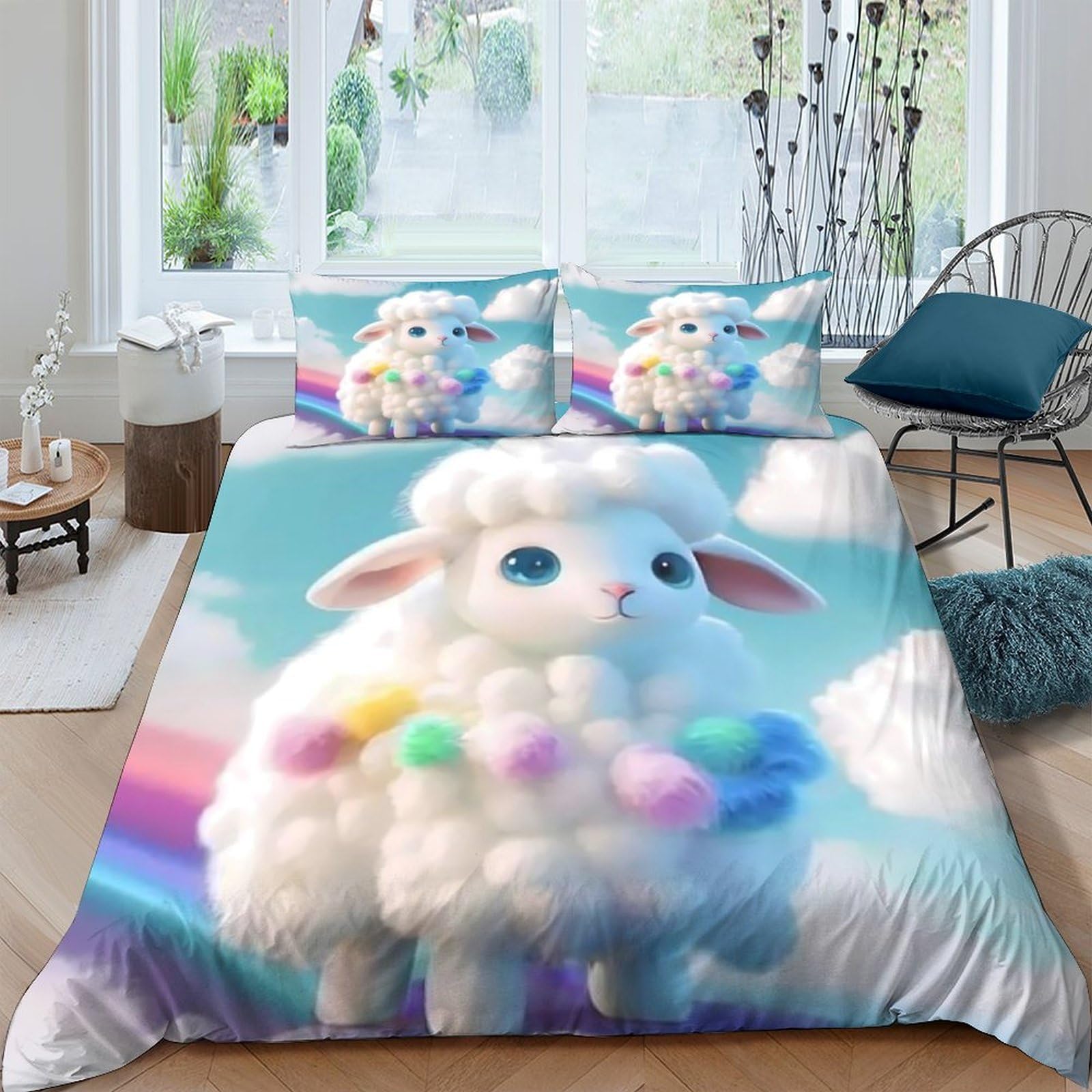 Ctjqhvkz Style-9 3D Printed Cute Fluffy Lamb Fitted Sheet Microfiber Pastel Rainbow Sheep Mattress Cover For Bedroom Guestroom Dorm Decor Single（135X200cm）