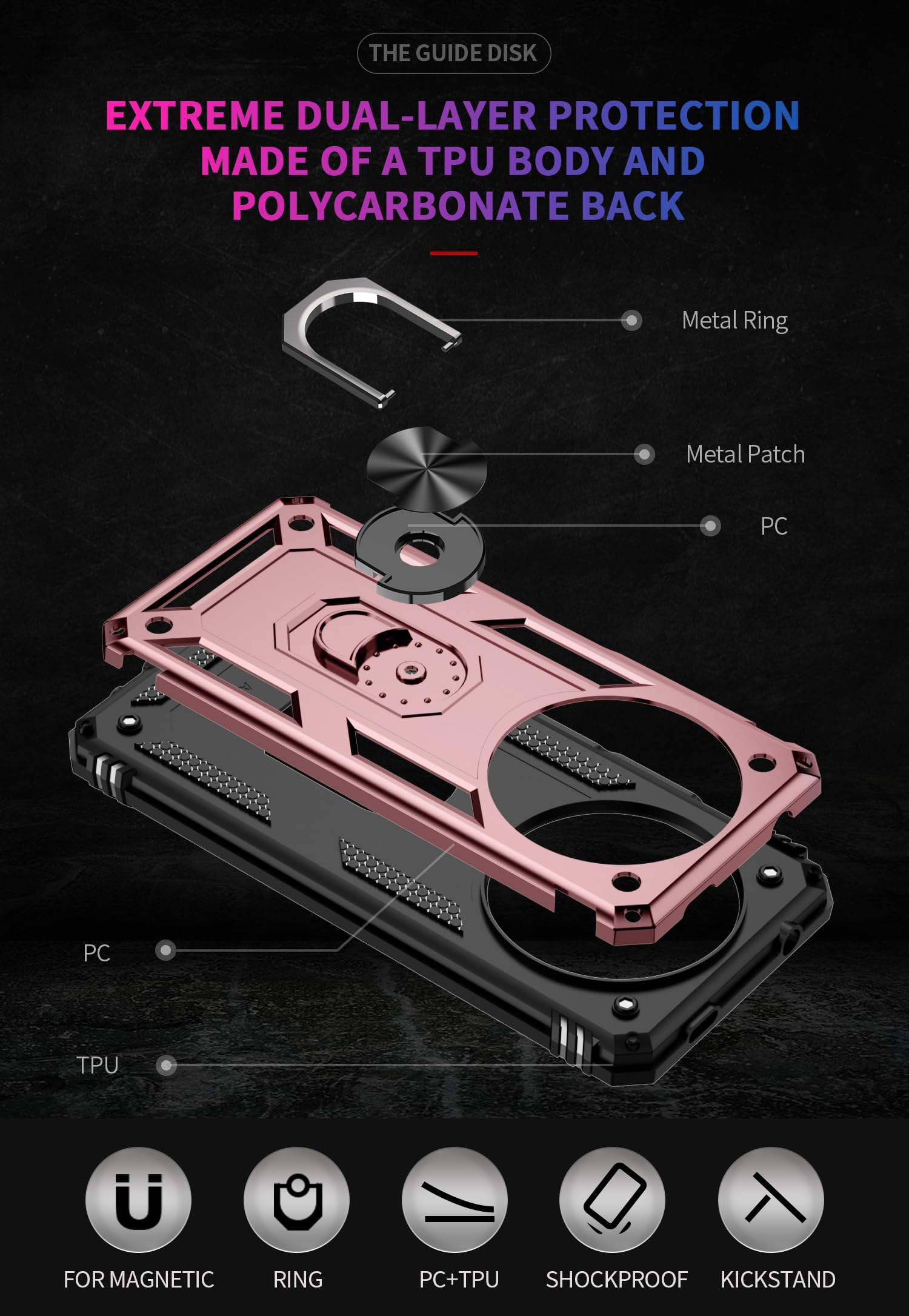 ILING Handyhülle Für Xiaomi Redmi A3 Mit 360° Ring-Ständer & Goldrand – Stoßfest, TPU, Grau