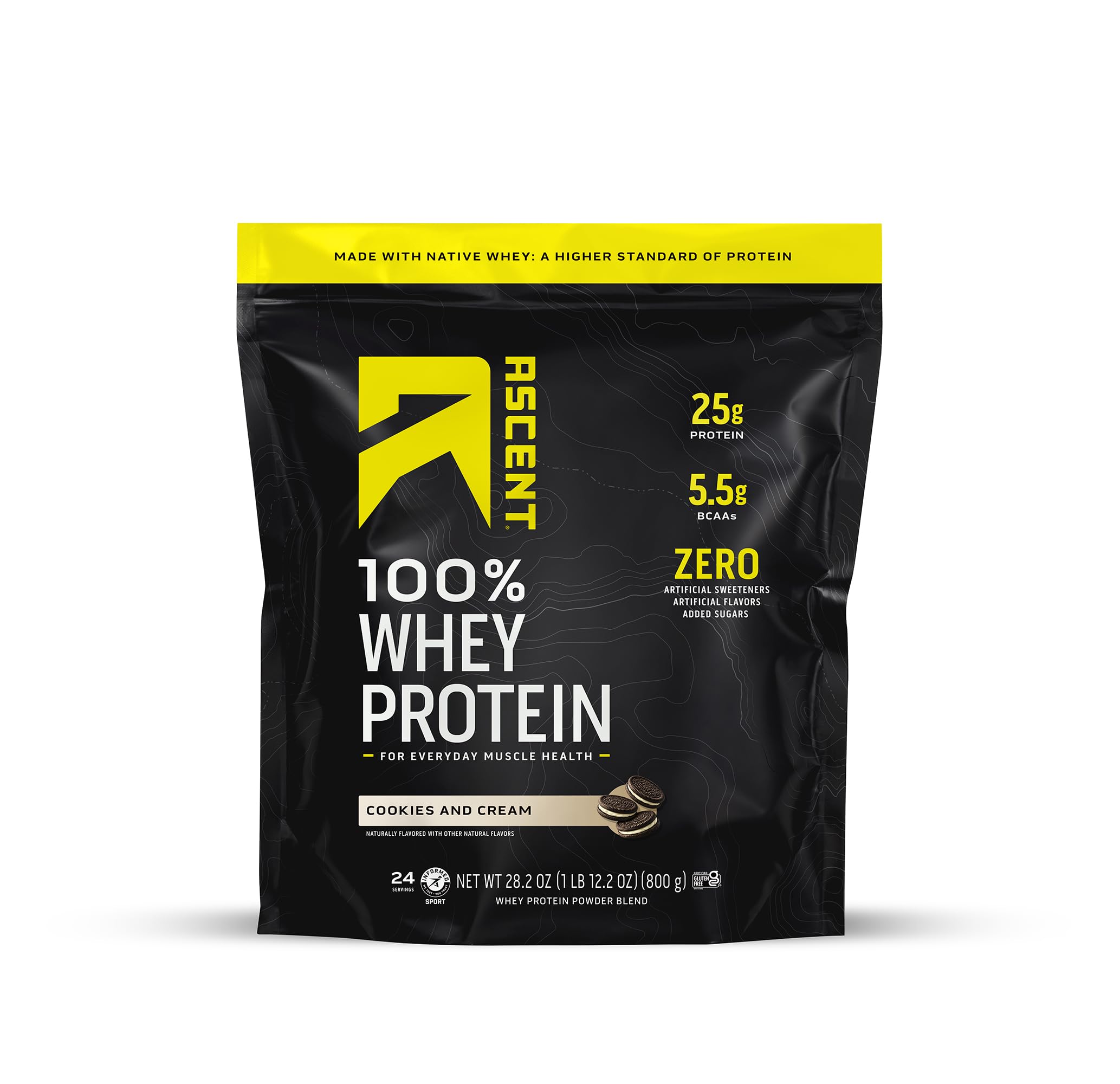 Ascent 100% Whey Protein Powder - Post Workout Whey Protein Isolate, Zero Artificial Flavors &amp; Sweeteners, Gluten Free, 5.5g BCAA, 2.6g Leucine, Essential Amino Acids, Cookies &amp; Cream 1.7 lb