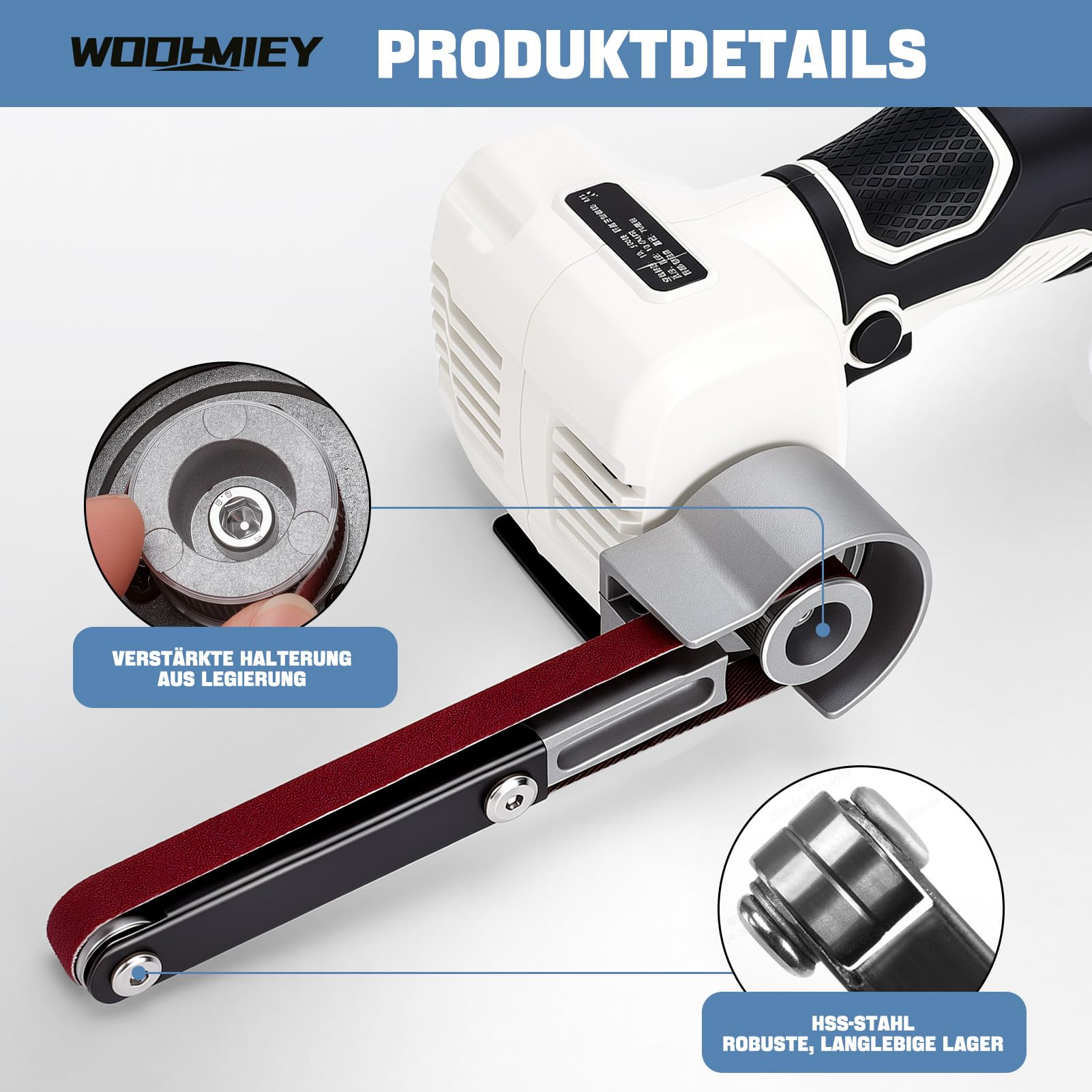 Akku-Bandschleifer, 12 V Lithium-Akku, 7000 U/min, 10 Schleifbänder (80-320 Körnung), Leistungsstarker Motor für Holz, Metall und gebogene Flächen, 2 Stunden Laufzeit, Schnellladung Weiß