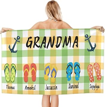 Personalized Flip Flop Beach Towes with Names Personalized Summer Grandma Oversized Quick Dry Beach Towel, Birthday Gift for Grandma Mimi Nana, Custom Kids Name Sandals Bath Towel