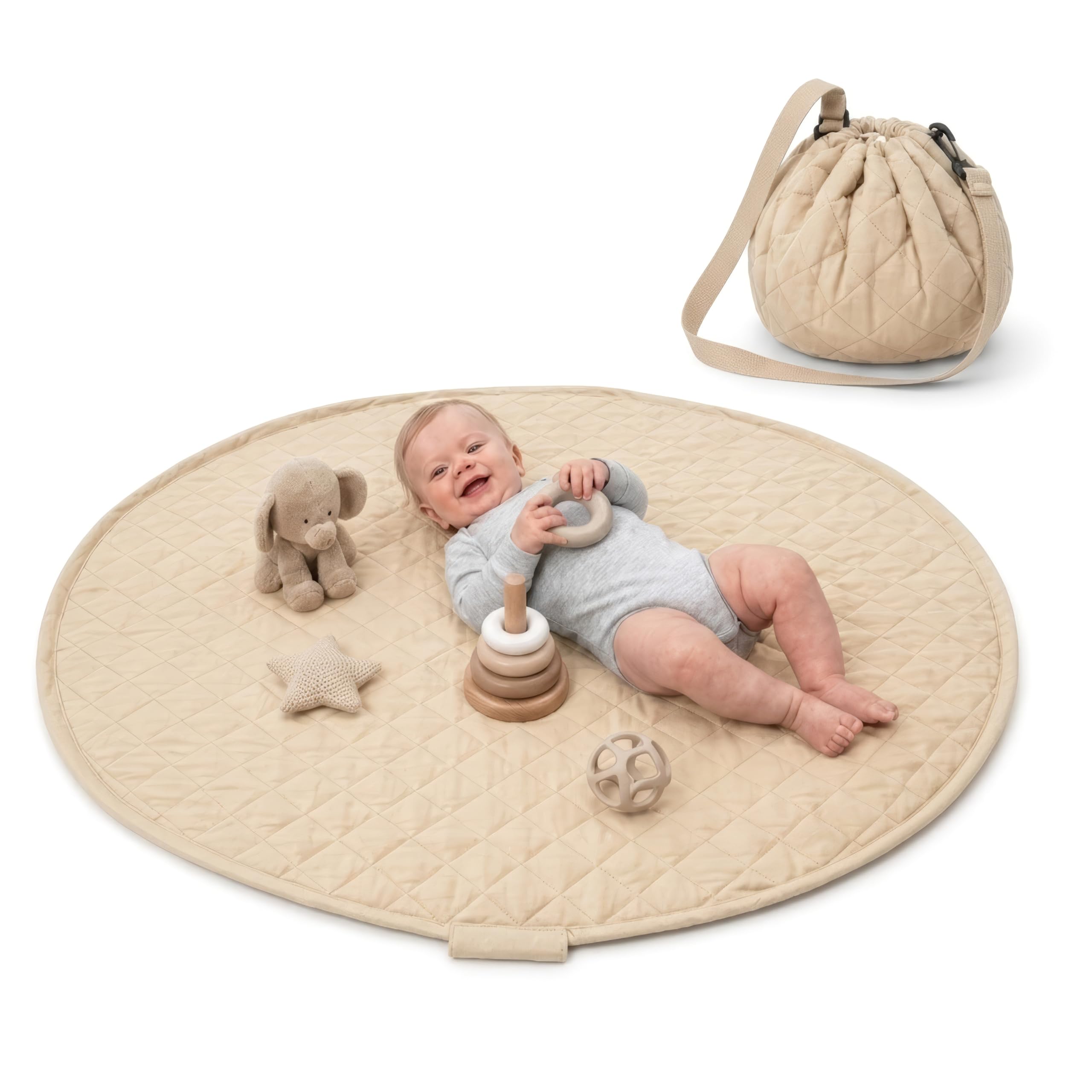 Krabbeldecke Baby rund 110 cm – Extra weich & dick gepolstert, waschbar, schadstofffrei, faltbar mit Tragegriff, Spieldecke für zuhause & unterwegs