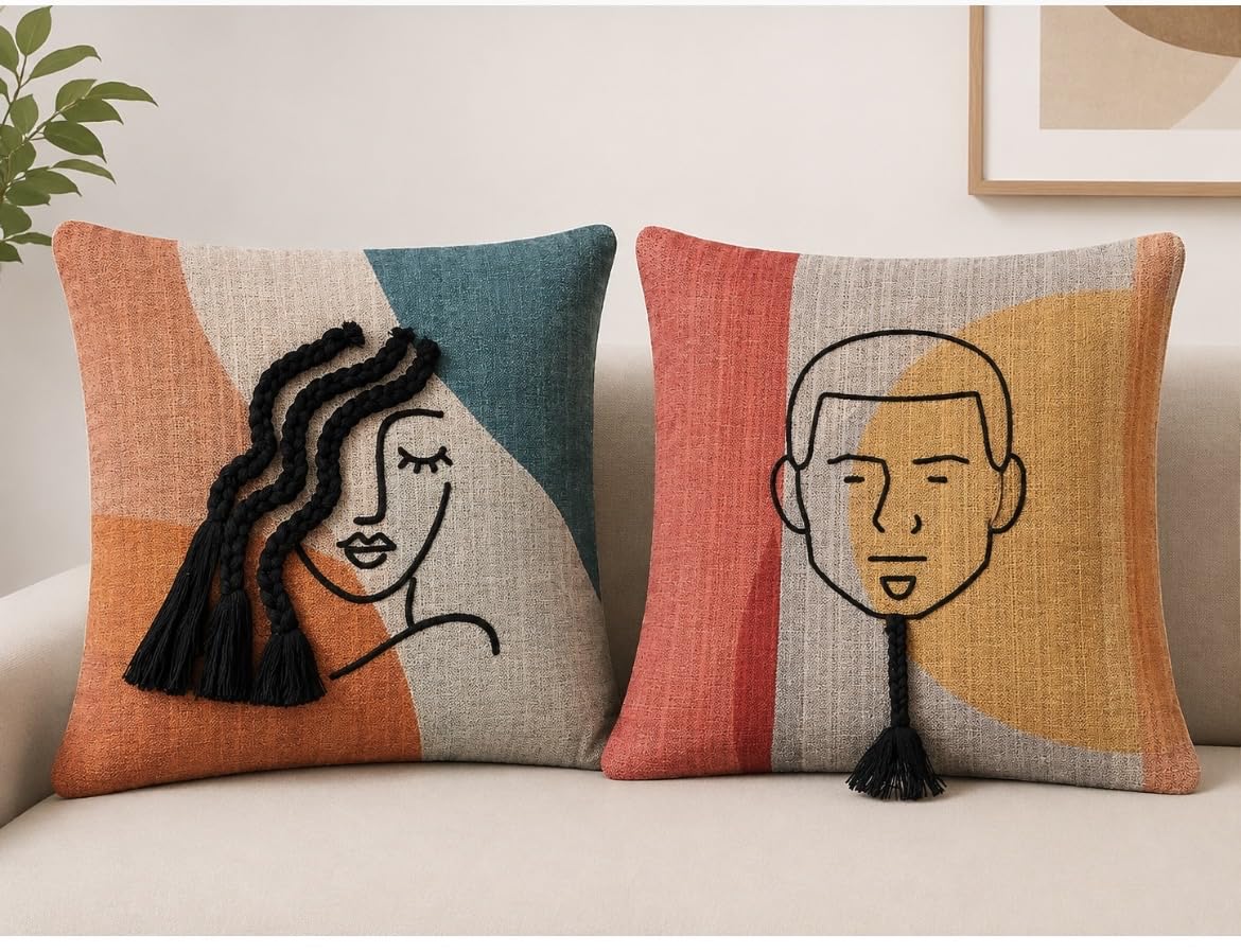 Abstract Face Couple Cushion Cover Set | Male & Female Design| Cotton Mix Decorative Sofa & Living Room Cushion Cover | 16 X 16 Inch| Set of 2 PEC-image-16