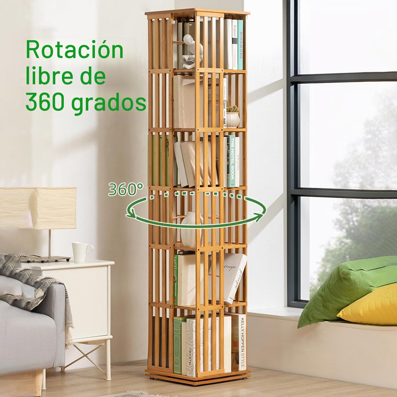 Estantería de bambú giratoria de 360 grados con vitrina de esquina, estantería para libros y decoración, estantería para niños y adultos, estantería multifuncional (6 capas)