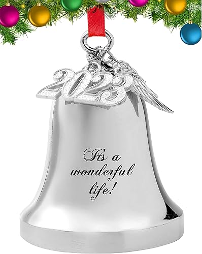 Miniatura 7 de FKOG Adorno personalizado de campana de Navidad y campana de trineo, alas de ángel plateadas grabadas 2023, campanas de Navidad, bodas,