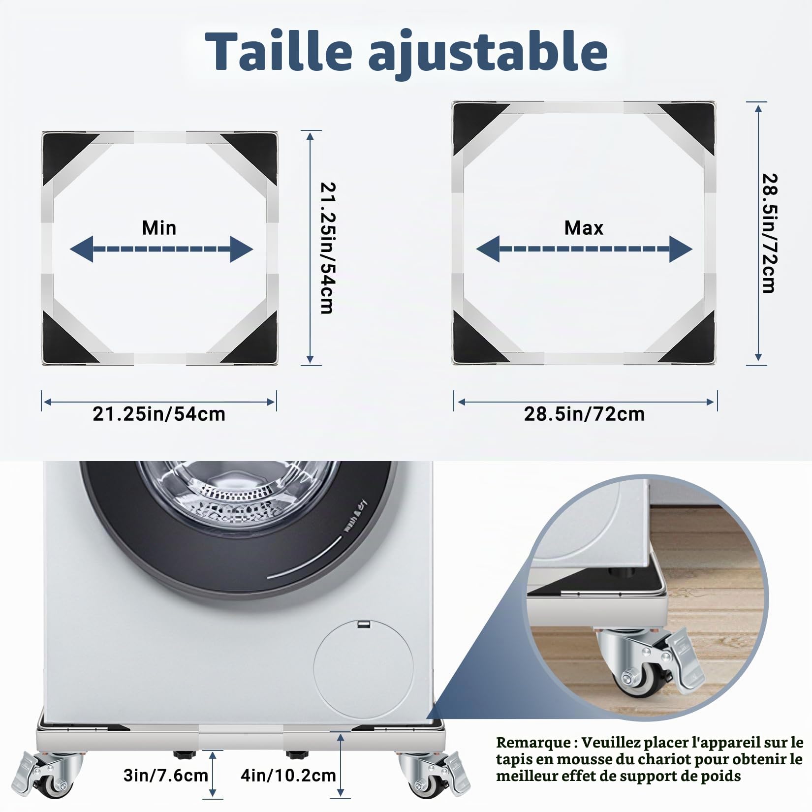 W B D WEIBIDA Support Lourd pour Machine à Laver en Acier Inoxydable avec 4 Roues Verrouillables, Capacité 300KG Socle Lave Linge Résistante à la Rouille Réglable de 54-72CM, Support pour Sèche-Linge