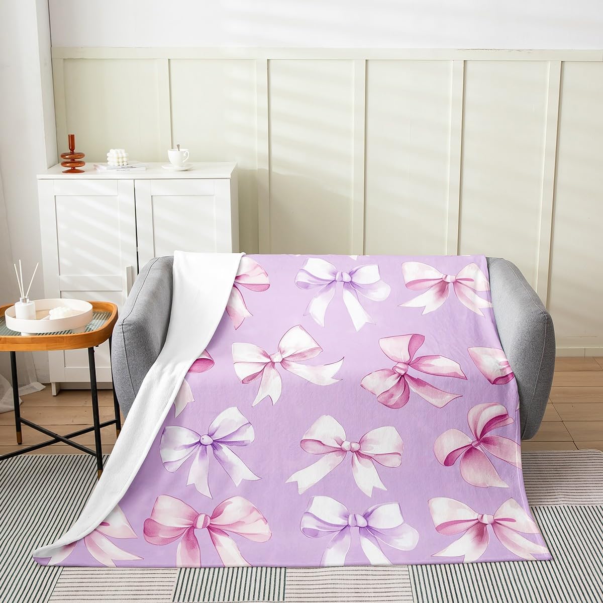 Erosebridal Bowknot for Kids, Dreamy Princess Bowknot Flannel Blanket Queen 90x90 Pink Bow Sofa Fleece Blanket Kawaii Bow Knot All Seasons Fuzzy Plush Throw for Girls Teens Women Adult, Purple Pink