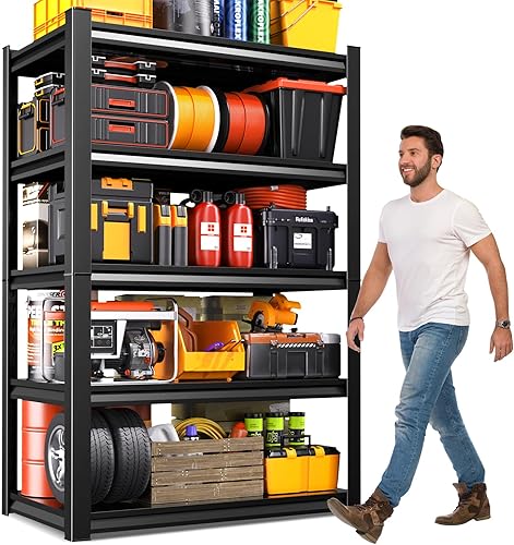 Miniatura 38 de Estantería de garaje de 71 pulgadas de alto, estantes de almacenamiento de 5 niveles, metal resistente, estante ajustable de acero para almacén,
