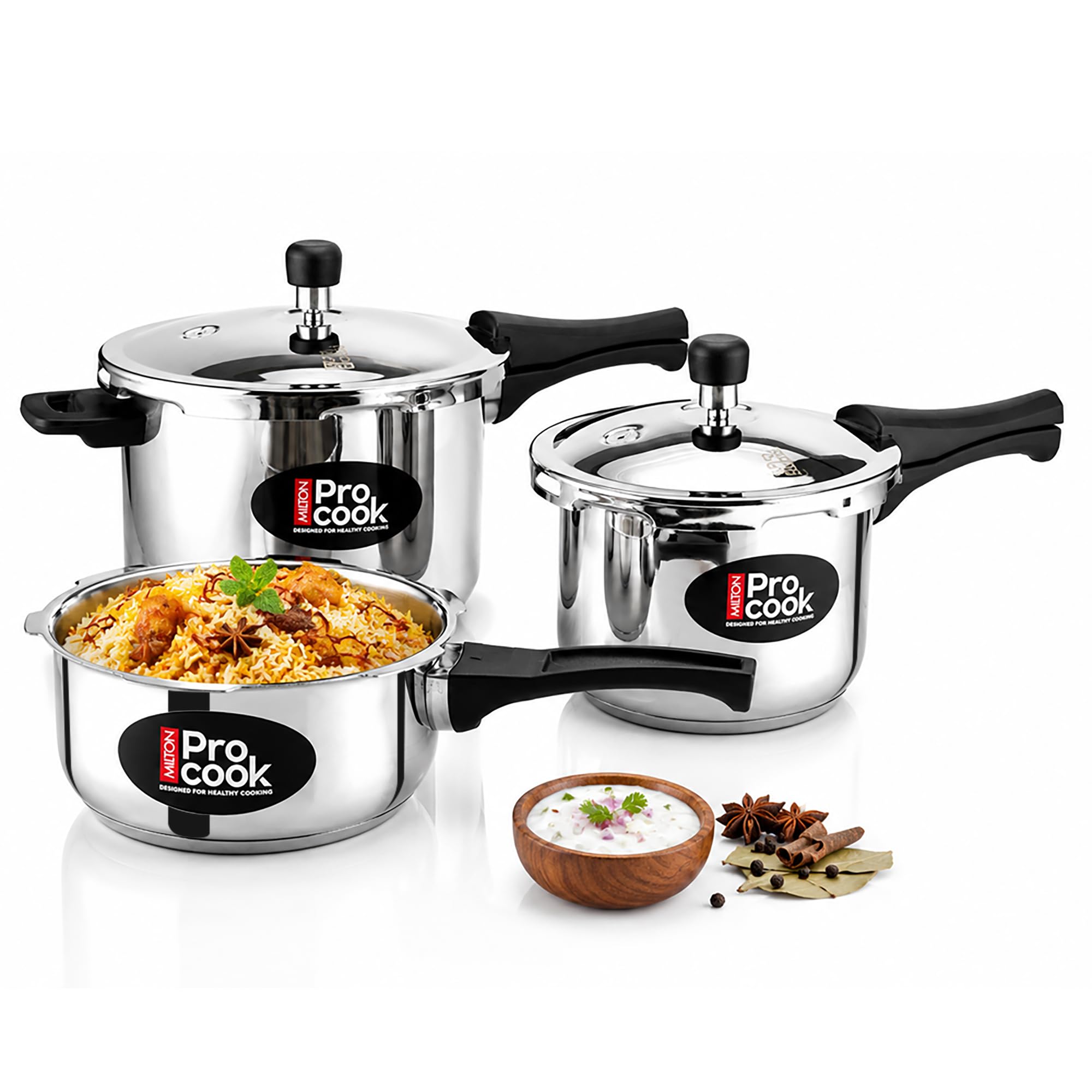 Milton Pro Cook Induction & Gas Stove Friendly Stainless Steel Pressure Cooker Combo Set 2, 3, 5 Litre Capacity | Outer Lid | 3-Layer Sandwich Bottom Cookware Set | ISI Certified & 5 Year Warranty-image-26
