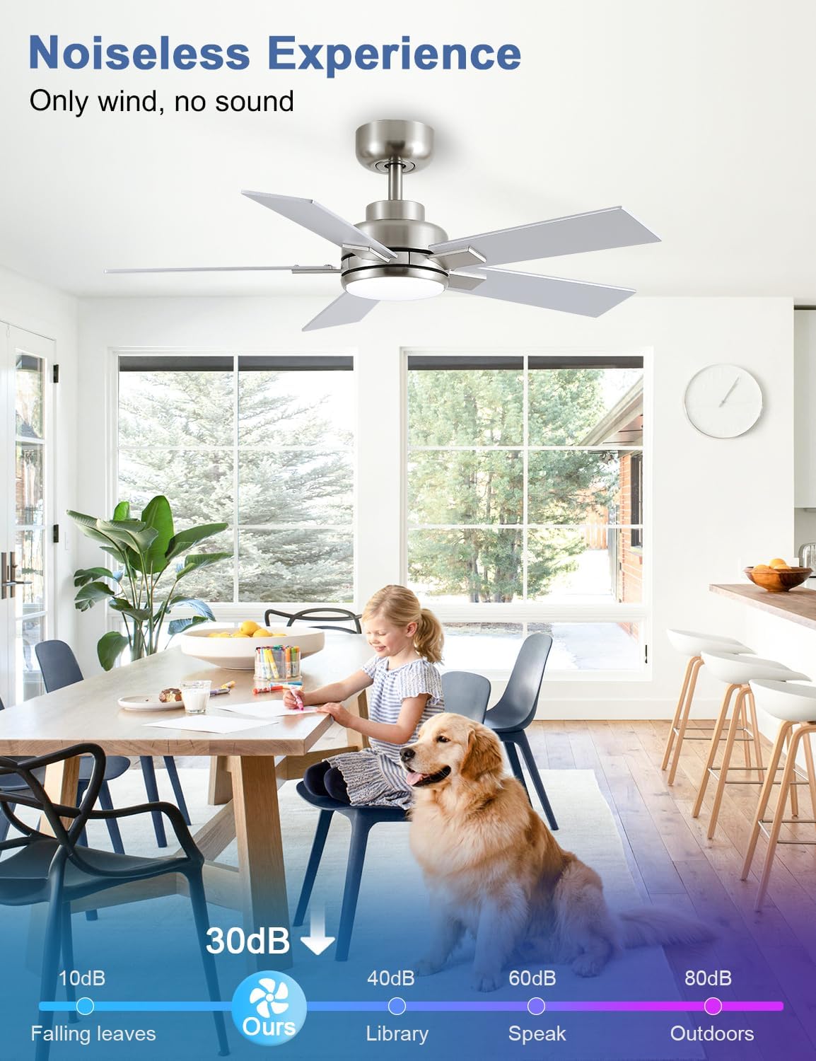 Modern Ceiling Fans with Lights - 42 inch Brushed Nickel Ceiling Fan with Light and Remote, Reversible DC Motor, 6-Speed Quiet 3CCT LED Dimmable for Bedroom, Indoor and Outdoor, Patios, ETL Listed