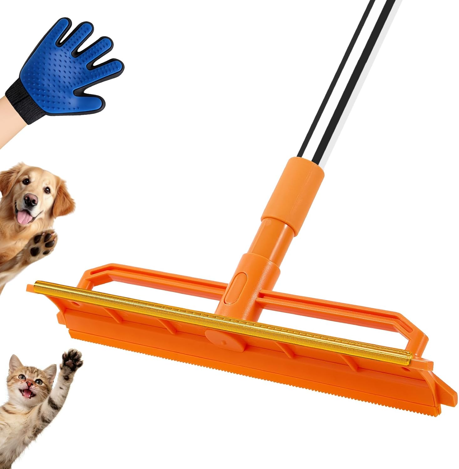 Carpet Rake for Pet Hair Removal, Durable Silicone & Metal Scraper Dog & Cat Pet Hair Remover, Adjustable Long Handle 59” Pet Hair Carpet Rake for Rugs, Mats, Couch, Furniture