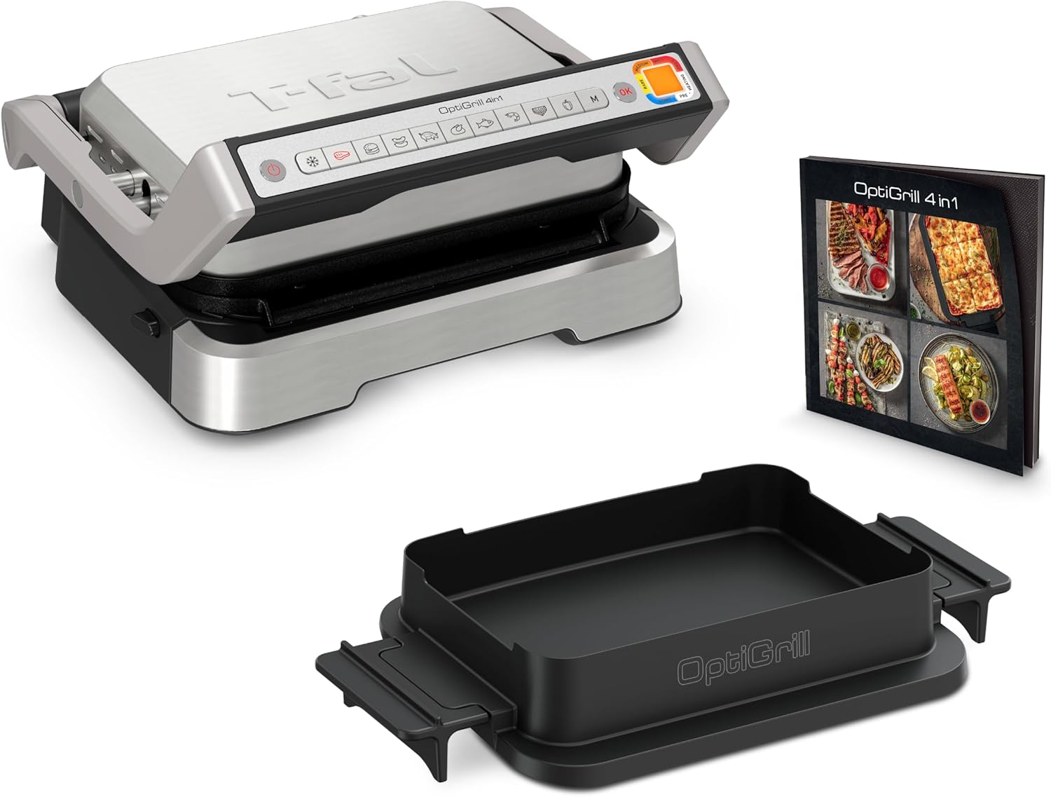 T-fal, Electric Grill Indoor, OptiGrill 4in1, Stainless Steel, 9 Automatic Cooking Modes, Intelligent Grilling, 1800 Watts, Nonstick Removable Plates, Dishwasher Safe, Panini Press Sandwich Maker 4 Appliances in 1 / 9 Cooking Modes