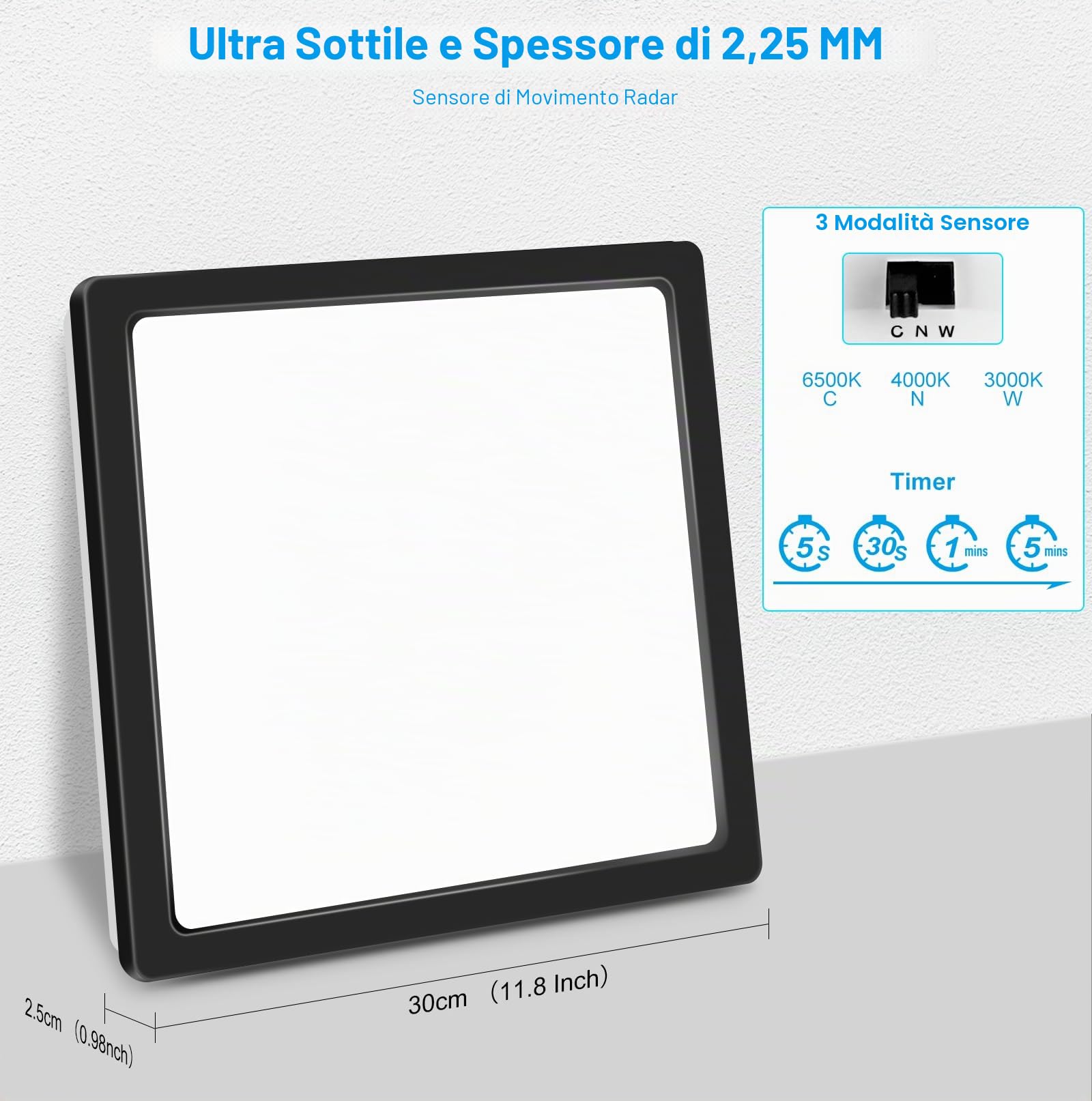 LEZOE Plafoniera LED con rilevatore di movimento, LED Radar lampada Sesor 24W 2400LM dimmerabile, sensore 3000K/4000K/6500K IP54 per bagno, garage, scale, cantina, corridoio, balcone 30x30x2,5 cm