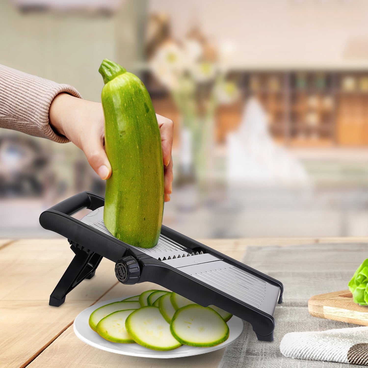 Mandoline Food Slicer with 5 Adjustable Blades, Stainless Steel Vegetable Cutter, Julienne Grater with Food Holder and Safety Gloves, Dishwasher Safe