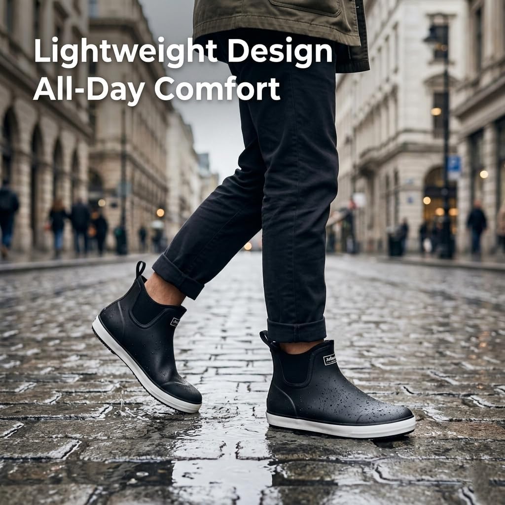 Men's Deck Boots, Waterproof Fishing Boots, Slip On Neoprene Rubber Boots for Men Ankle Rain Boots for Boating, Sailing, Hunting