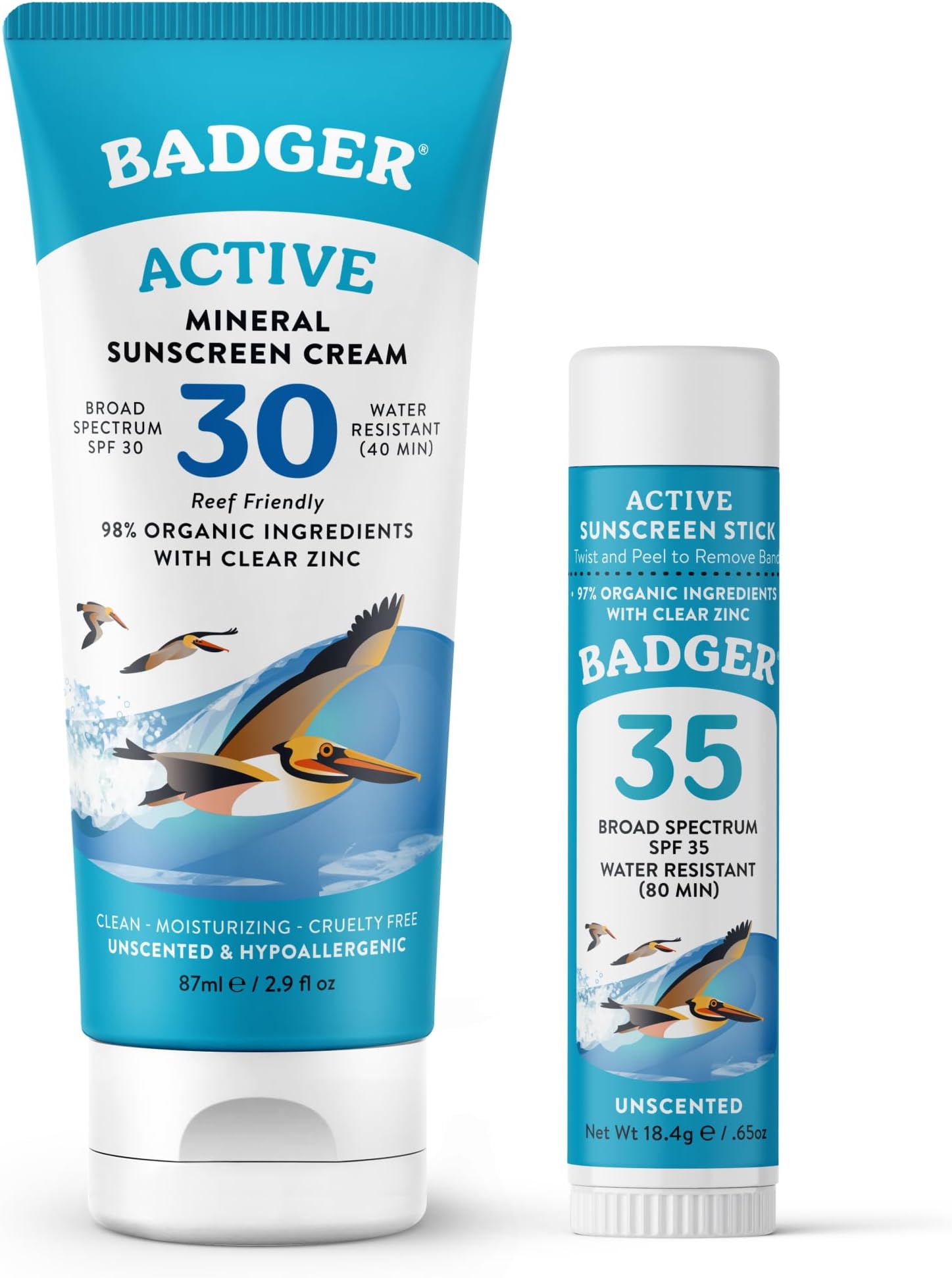 Badger Mineral Sunscreen Combo, SPF 30 Cream & SPF 35 Face Stick, Organic Ingredient with Mineral Zinc Oxide, Unscented Reef Safe Sunscreen Set, Broad Spectrum, Water Resistant, 2-Count