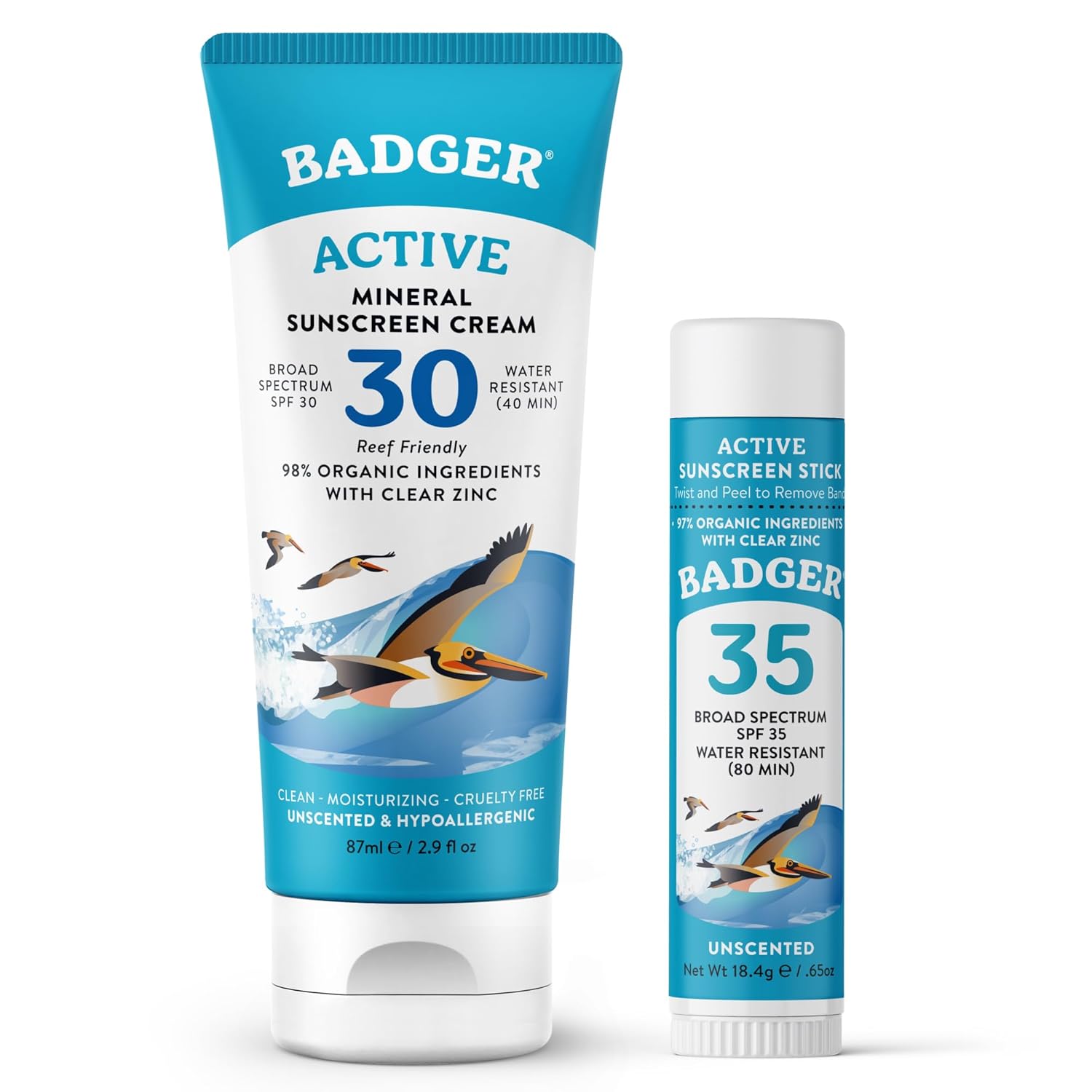 Badger Mineral Sunscreen Combo, SPF 30 Cream & SPF 35 Face Stick, Organic Ingredient with Mineral Zinc Oxide, Unscented Reef Safe Sunscreen Set, Broad Spectrum, Water Resistant, 2-Count