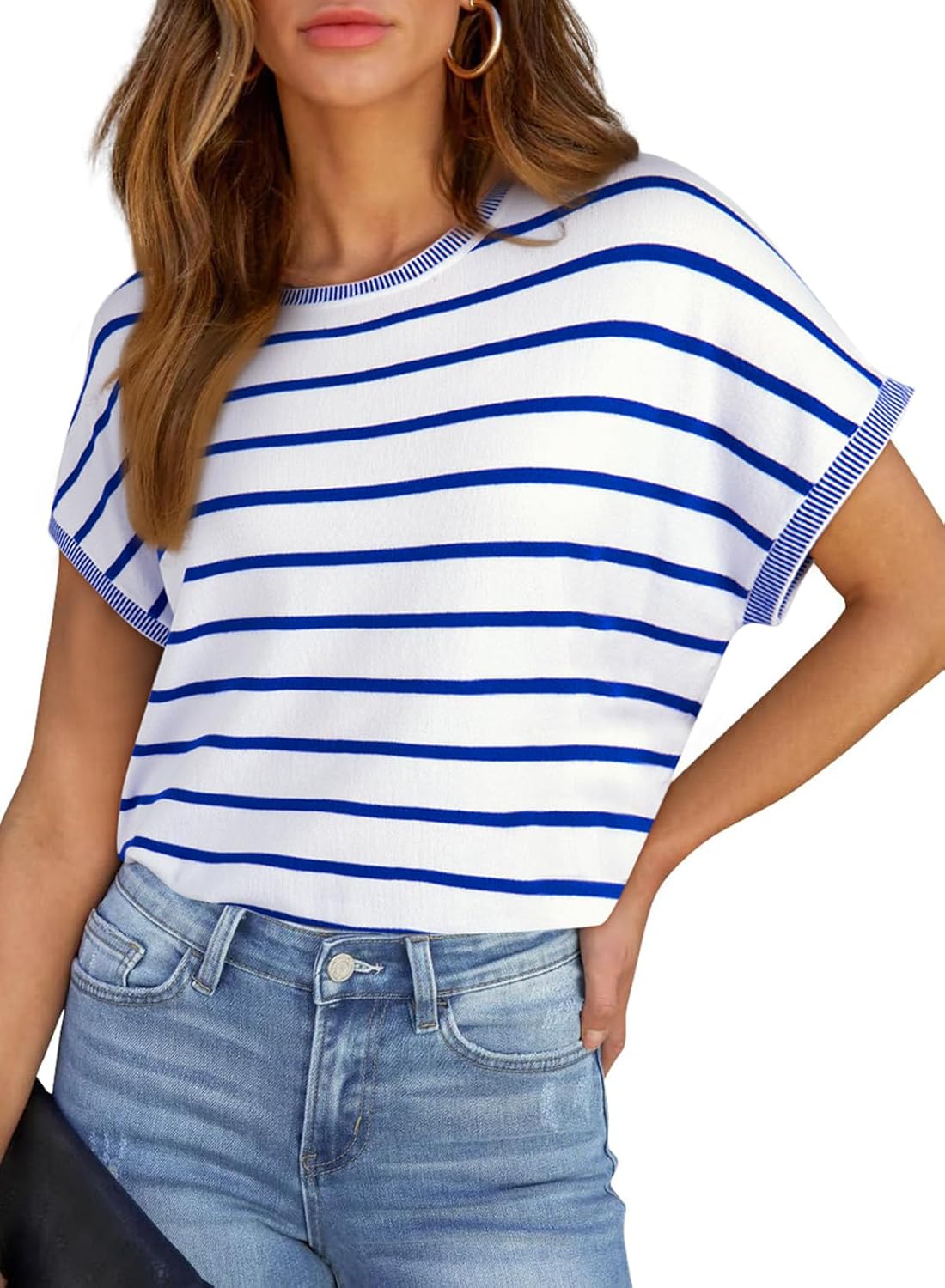 SHEWIN Women’s Sweater Vest Casual Crew Neck Cap Short Sleeve Striped Knit Lightweight Pullover Sweaters T Shirt Tops