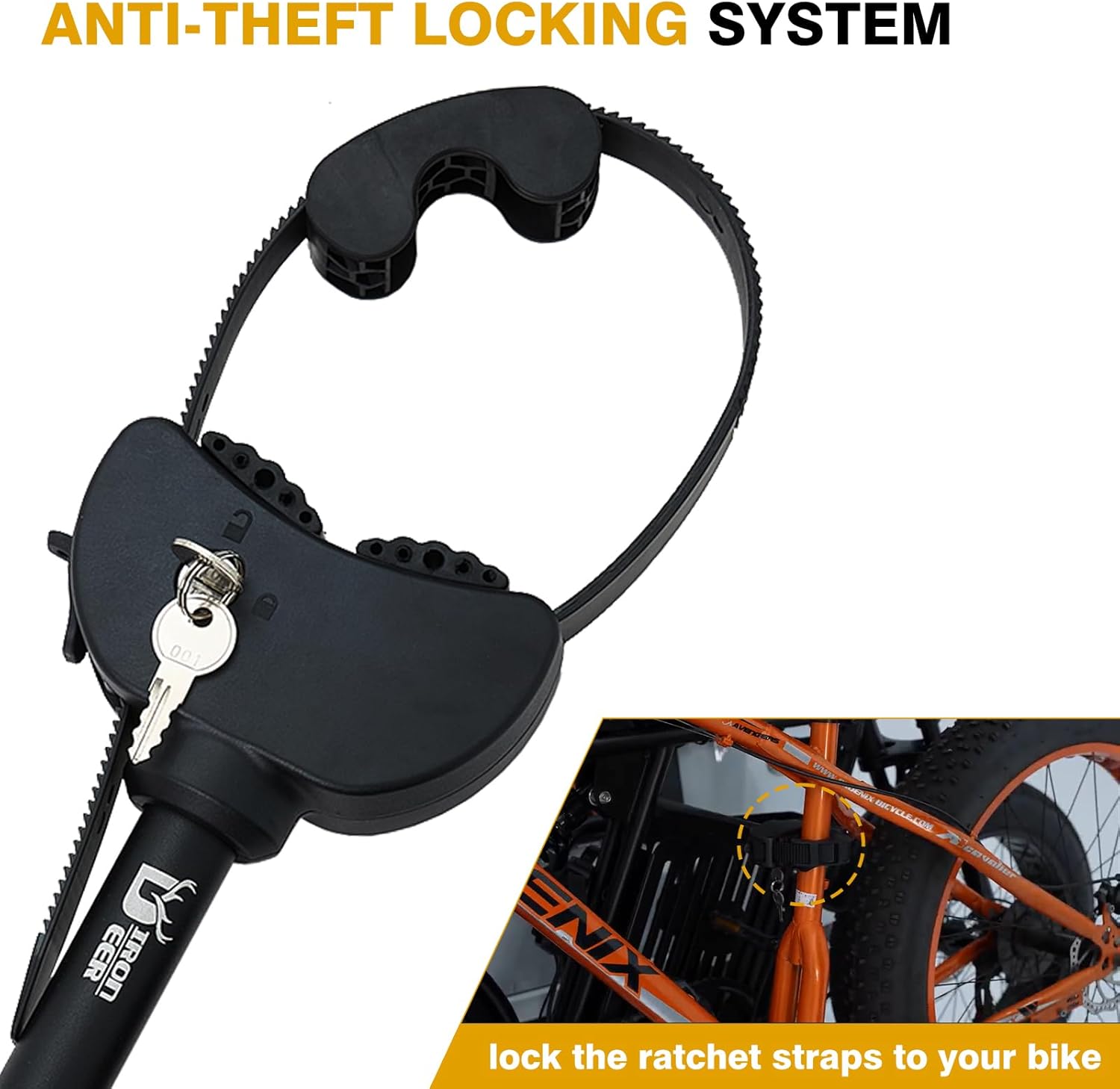 2-Pack Adjustable Lockable Ratchet Straps Frame Holders with Soft Rubber Padding and Keys for E-Bike Carriers and Bike Racks