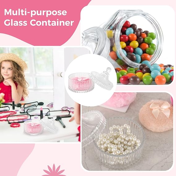 Glass Dusting Powder Container Set, Powder Container with 3 Large Body Powder Puffs, Crystal Glass Jar with Lid & Decorative Ribbon Bow Puffs, Washable Powder Makeup Tools