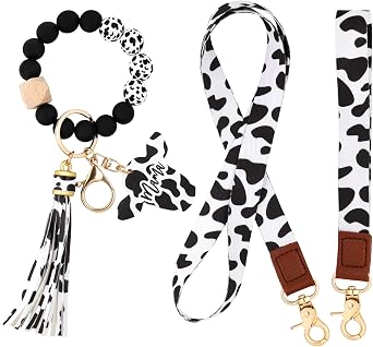 3pcs Cow Print Keychain Set, Silicone Bead Keychain with Tassel, Cow Print Lanyard and Key Chain Wristlet, Black and White Animal Print Keychains for Women Men Cows Lovers Car Keys Id Badge