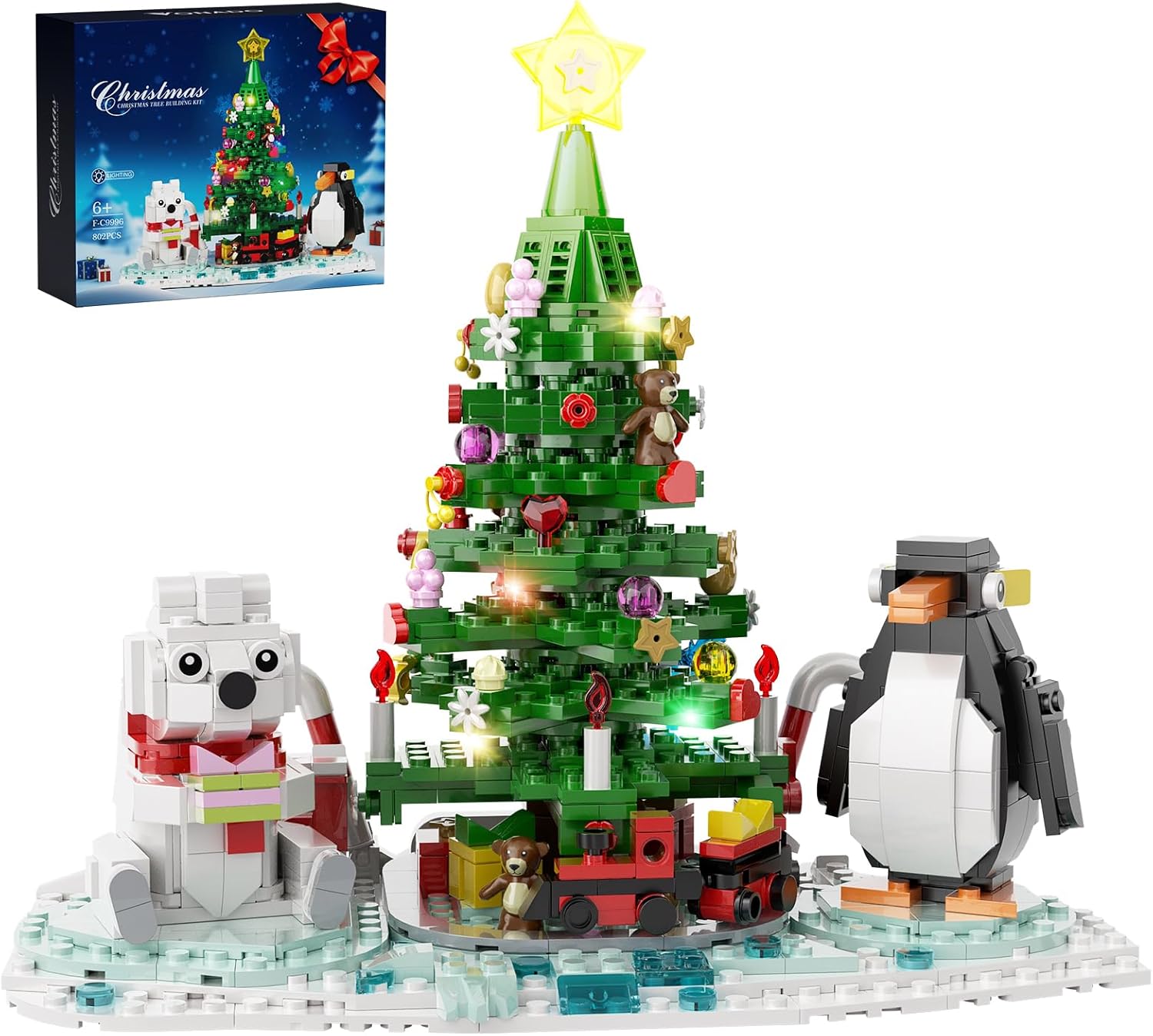 Christmas Tree Building Kit, Christmas Tree Building Block with Lights, Compatible with Lego Christmas Tree Buildings with Polar Bear Penguin Set, Holiday Present for Boys, Girls and Adults (802 PCS)