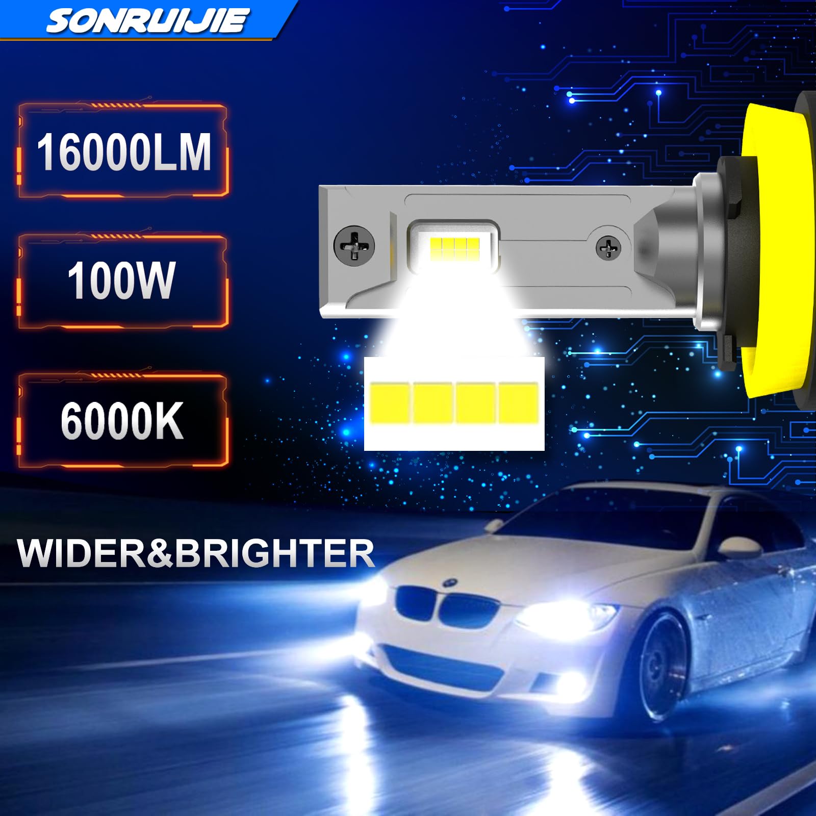 Lampadina H8 H9 H11 LED Canbus,100W 16000LM 6000K 600% Brillante, 1:1 Design di Ricambio Lampada Alogena,Plug and Play,2 pezzi