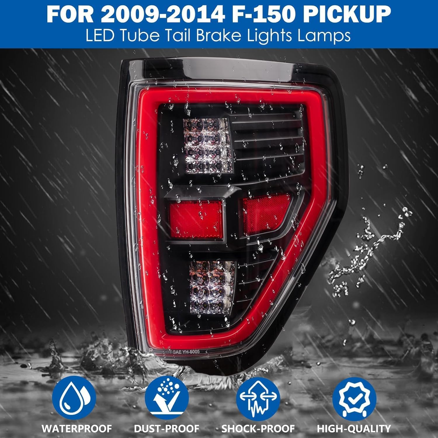 PZ 2009-2014 F 150 LED Tail Lights Assembly with Signal/Runnning Light Clear Glass/transparentLamp Shade Matte Black Cover Left and Right Sides