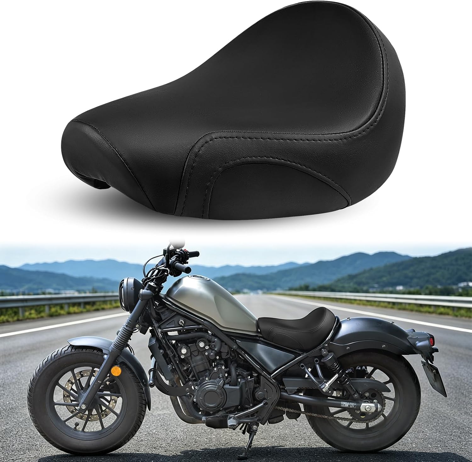 Motorcycle Solo Seat Compatible with 2017-2026 Rebel 300 Rebel 500 Front Rider Seat Silicone Cushion (White Stitching Diamond Pattern)